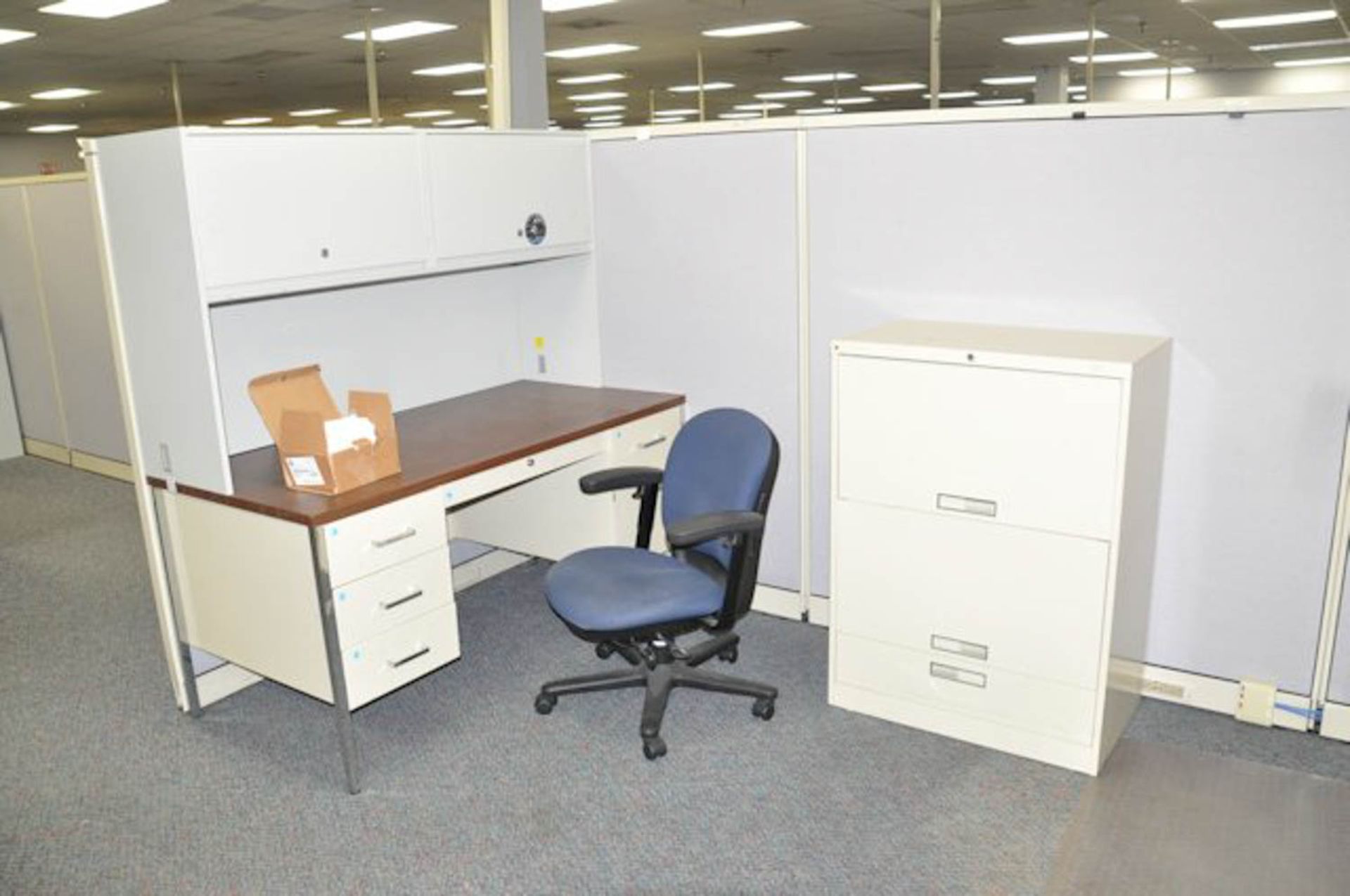 LOT OF (4) DESKS, (1) LATERAL FILE CABINET AND (1) BOOKCASE