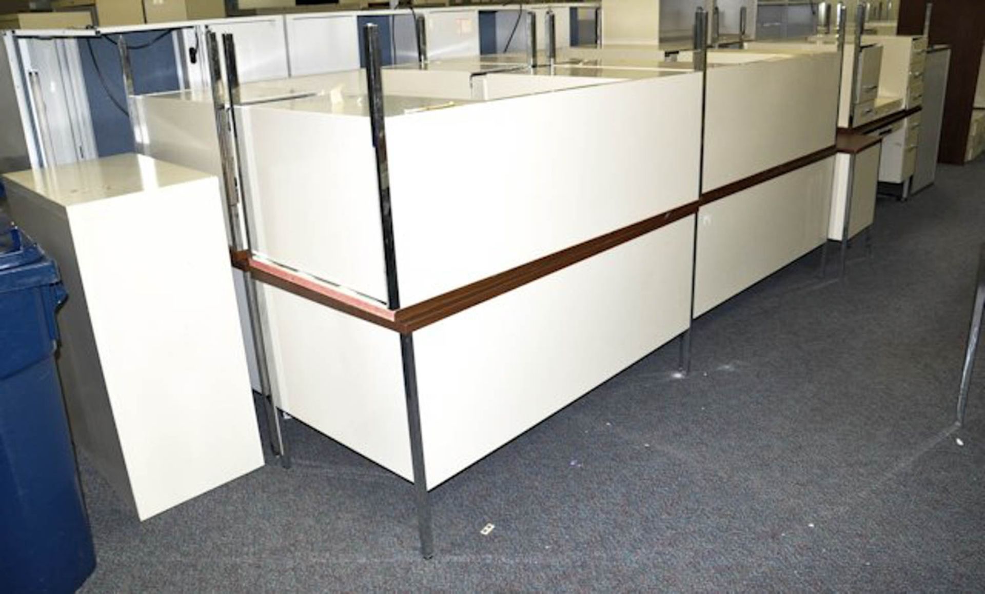 LOT OF DESKS AND LATERAL FILE CABINETS IN (2) ROWS