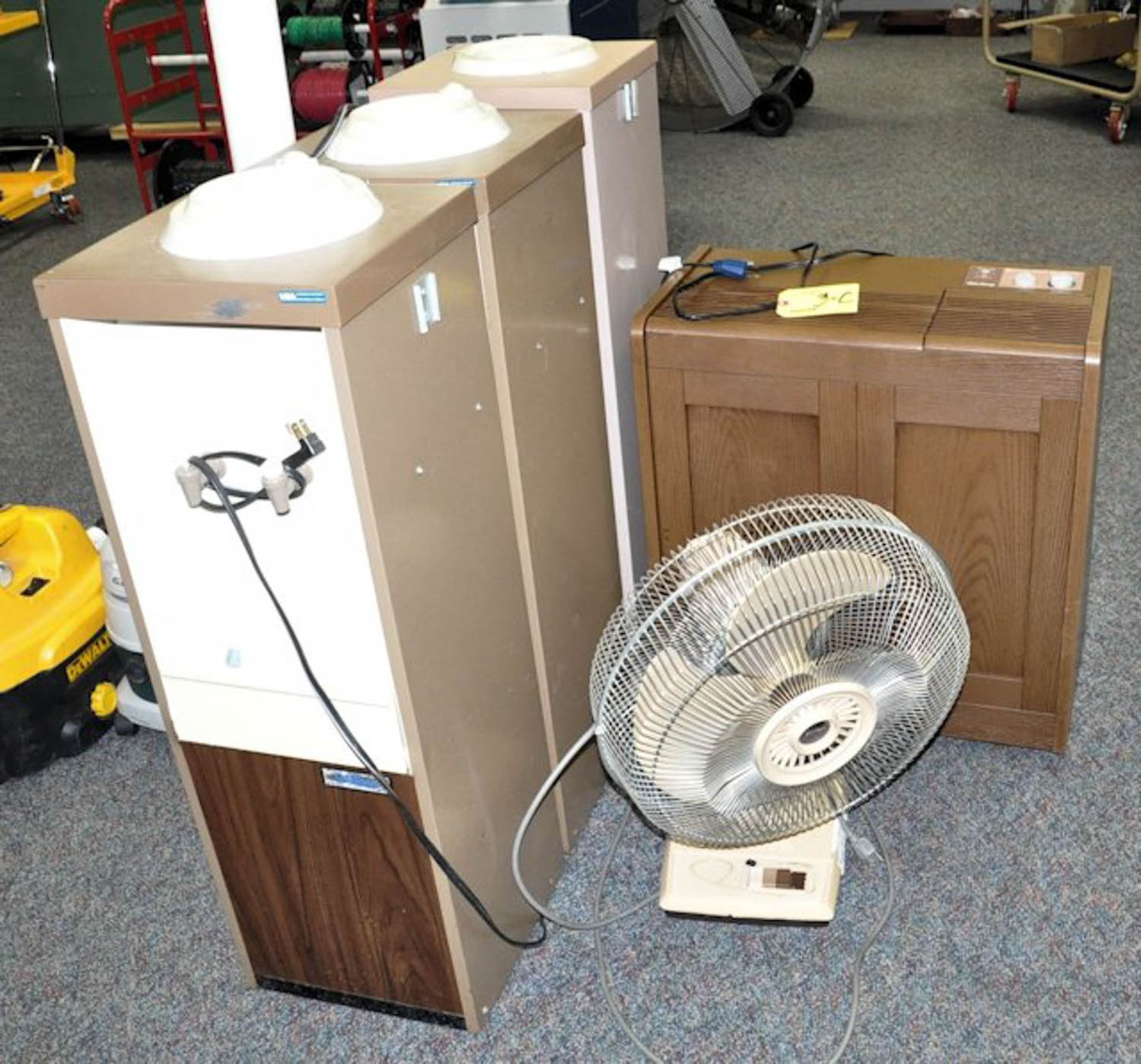 LOT OF (3) WATER COOLERS, (1) DESK FAN AND (1) AIR KING HUMIDIFIER