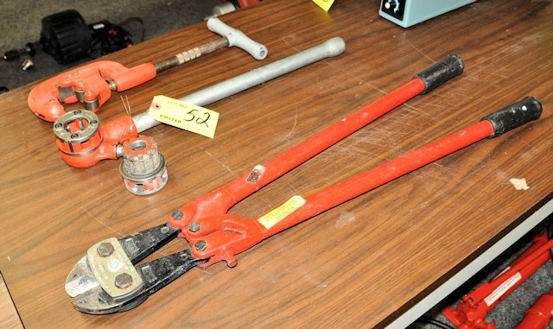 LOT OF (1) RIDGID PIPE CUTTER, (1) RIDGID DIE HOLDER AND (1) PAIR BOLT CUTTERS
