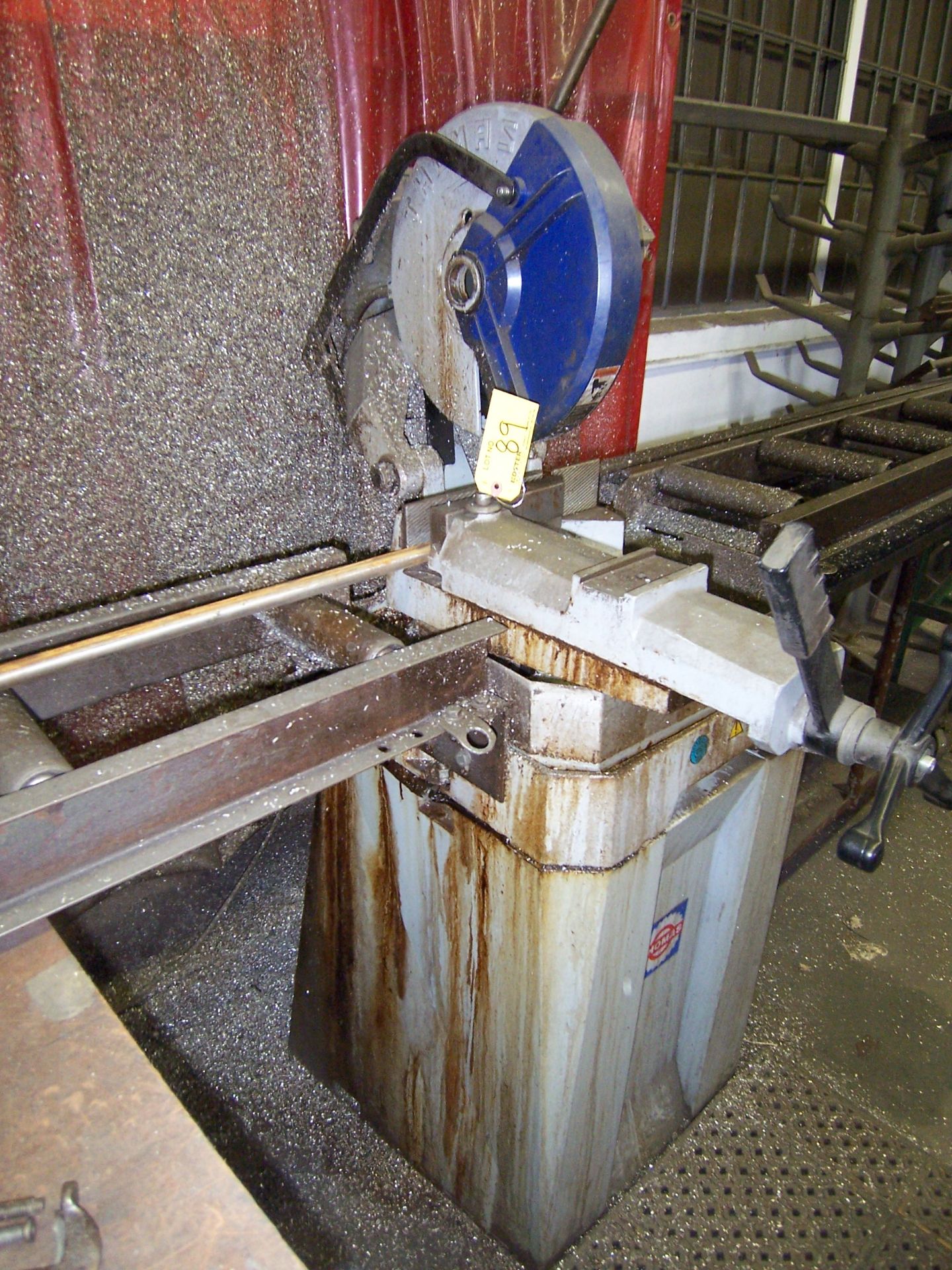 DAKE THOMAS MDL 350 ST ABRASIVE CUT OFF SAW WITH MITRE CUT, VISE & ROLLER IN & OUT FEED, S/N: