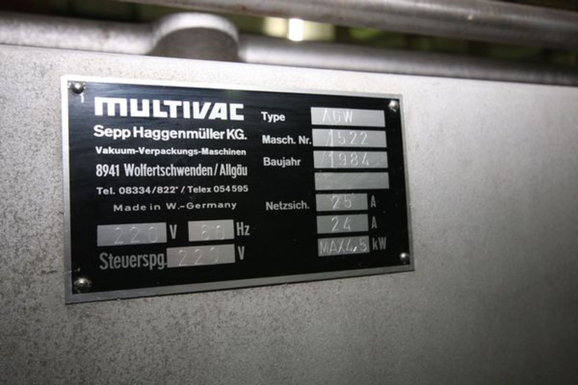 MultiVac Vacuum Sealer, Type: AGW, Masch. Nr. 1522, 220 Volts, Inside Seal Platform Dimensions: - Image 6 of 6