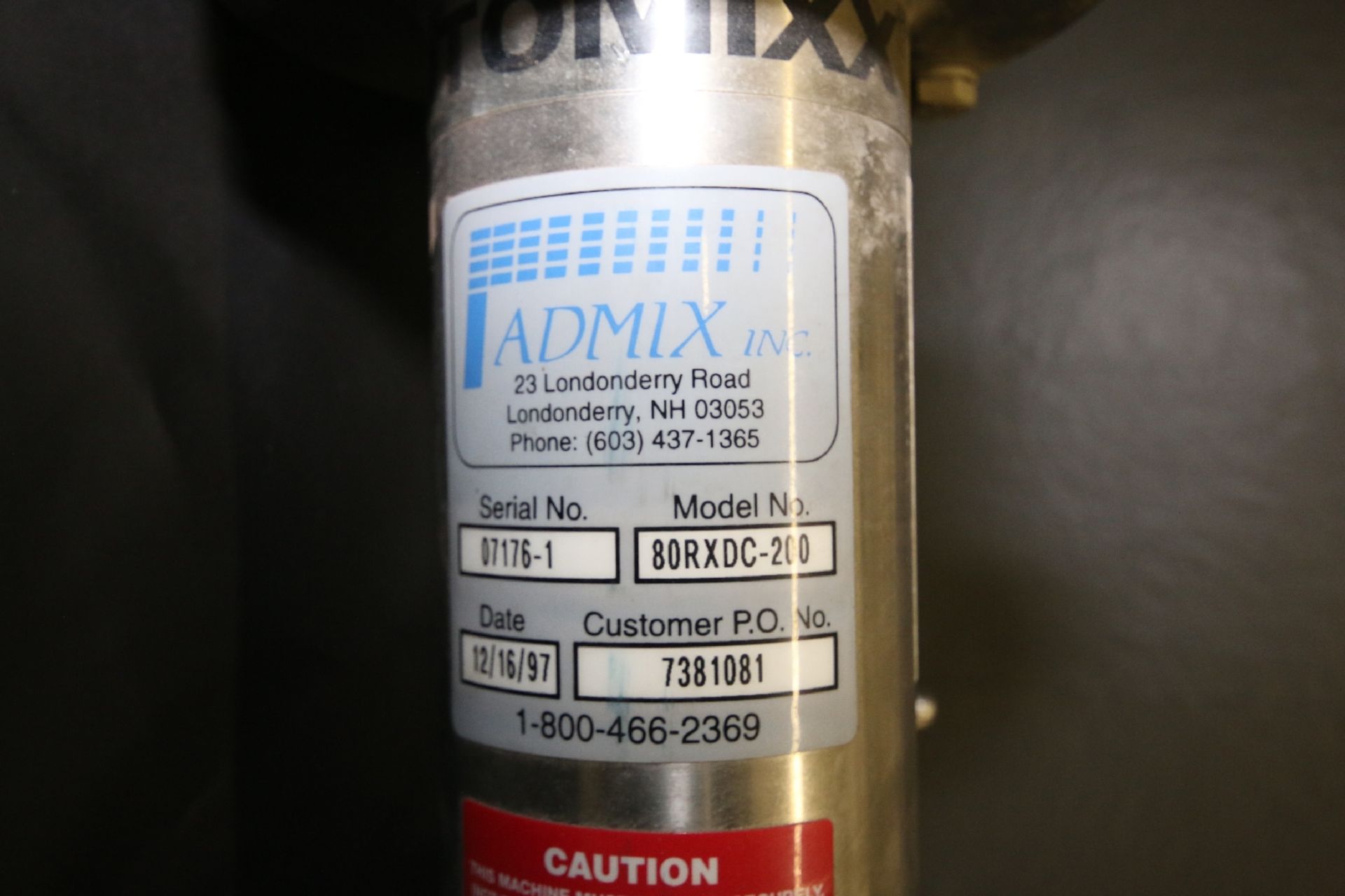 Admix Pneumatic S/S Tank Mixer, Type Rotomix, Model 80RXDC-200, S/N 07176-1 - Image 2 of 2