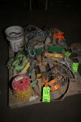 Pallet Assorted Rigging Supplies including (2) Safety Harnesses, Ratchet Straps, Chain, Hoist,