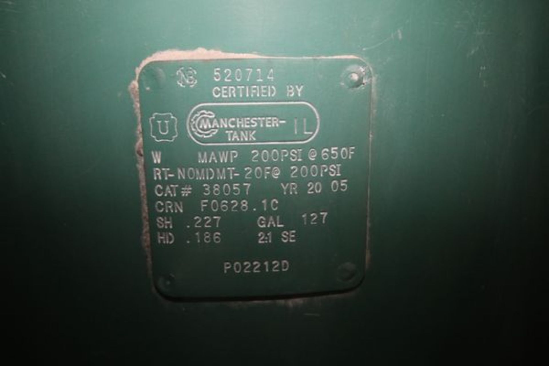 2005 Manchester Vertical Air Receiver, Board #520714 , Aprox. 127 Gal., 200 psi @ 65 Degree F - Image 2 of 2