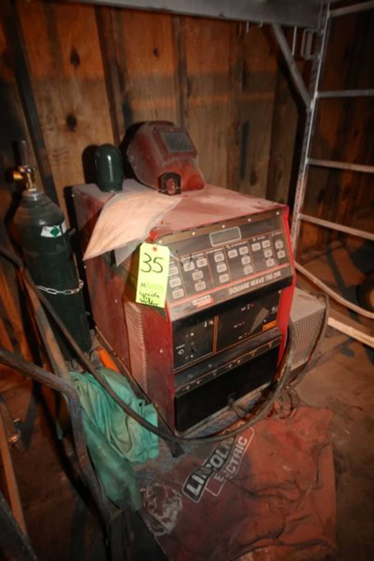 Lincoln Square Wave Tig 255 Welder, S/N 10023-U1970410835 with Cylinder, Welding Mask, Gloves,