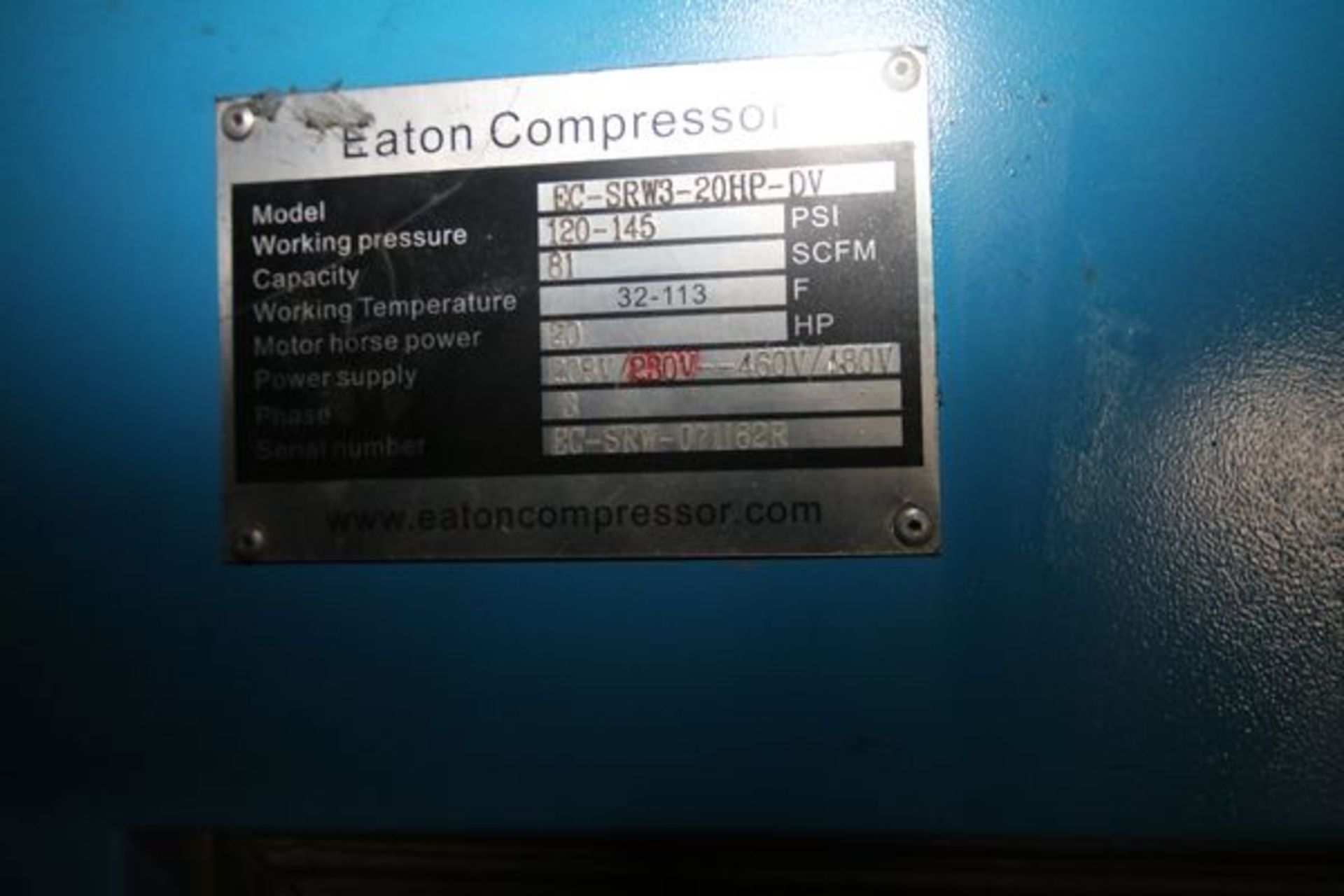 Eaton Air Compressor Mounted on Horizontal Receiver, Model 5C-SRW5-20 hp-DV, S/N EC-SRW-071162R, 120 - Image 2 of 3