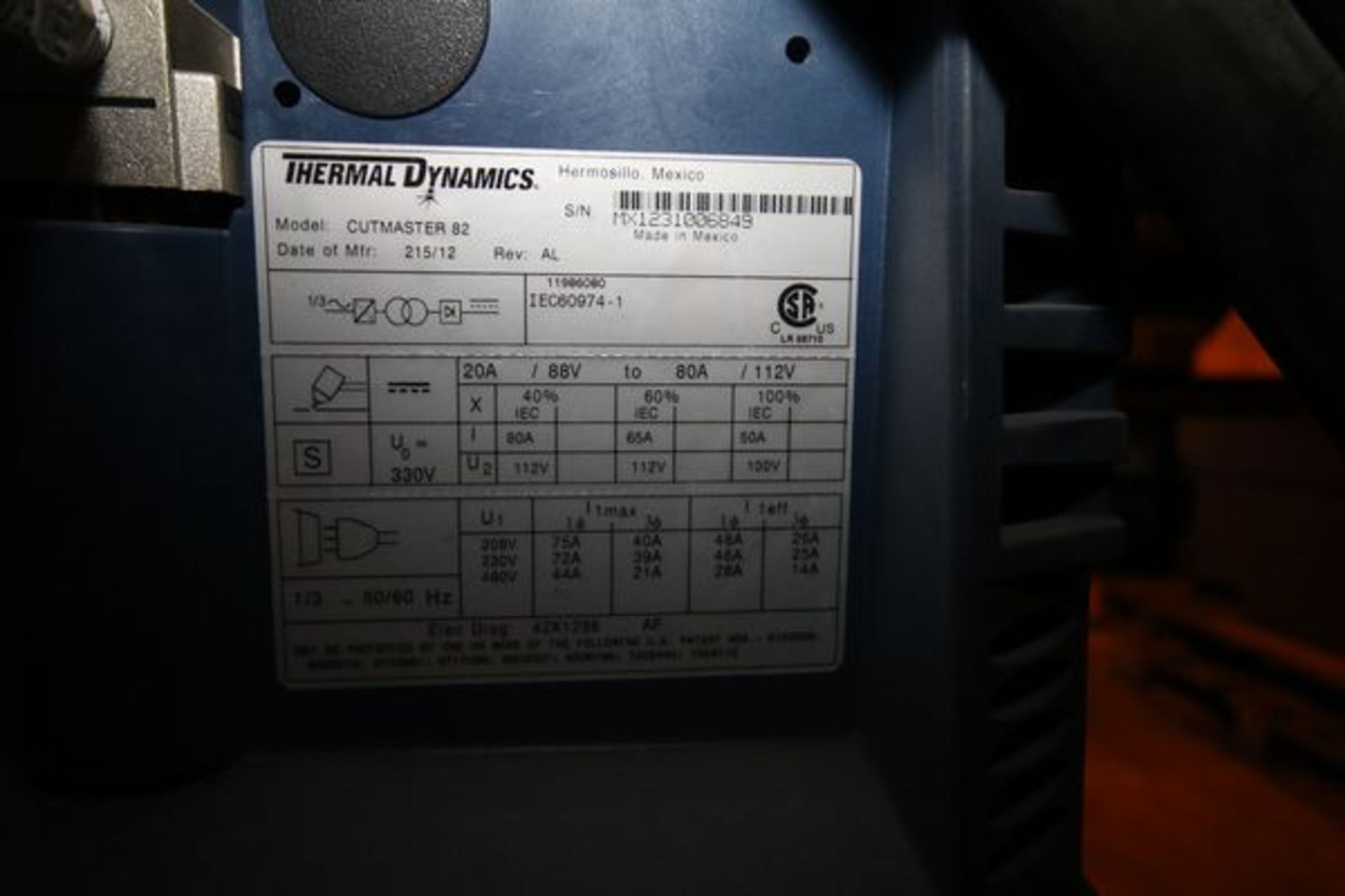 2012 Thermal Dynamics Plasma Cutter, Model CUTMASTER 82, S/N MX123006849 with Portable Cart - Image 3 of 4