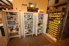 (3) Steel 2-Door Cabinets, (1) Shelving Unit and (1) Portable Cabinet with Miscellaneous Hardware
