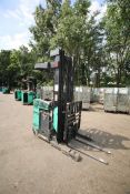 Mitsubishi Stand-Up Narrow Aisle Reach Forklift, M/N ESR18N, S/N 4SR3350708, 3,500 lb. Lifting