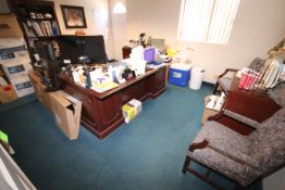 L-Shaped Wood Desk, Bookcase, (2) 2-Drawer File Cabinets & (2) Arm Chairs (NOTE: Executive Chair,