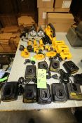 Assorted DeWalt Cordless Drills, Screw Gns, Vacuum, Lights, Chargers and Some Batteries