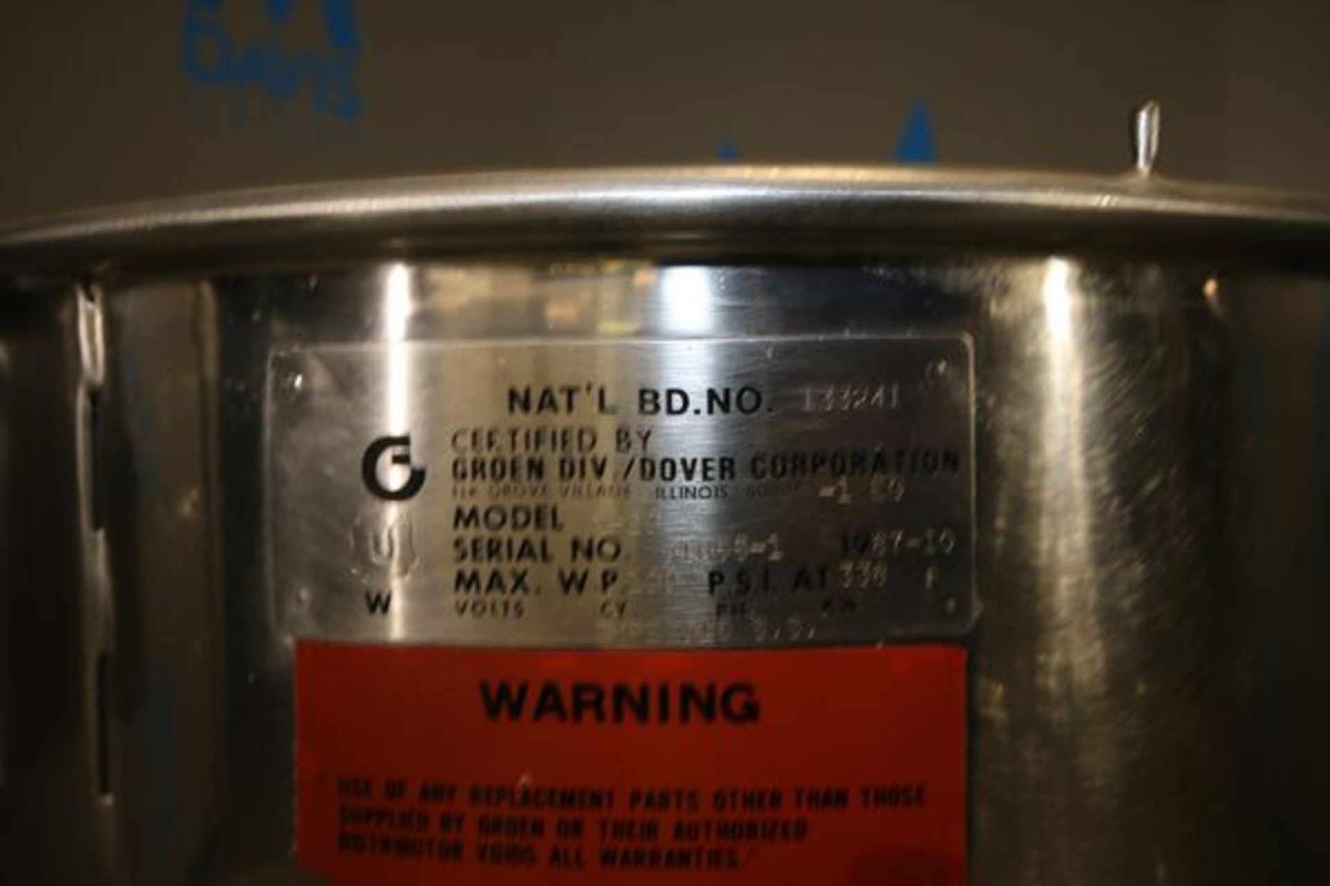 Greon Aprox. 20 Gal. S/S Jacketed Kettle, M/N N-20, S/N 31665-1, National Board: 133241, 100 PSI @ - Image 4 of 5