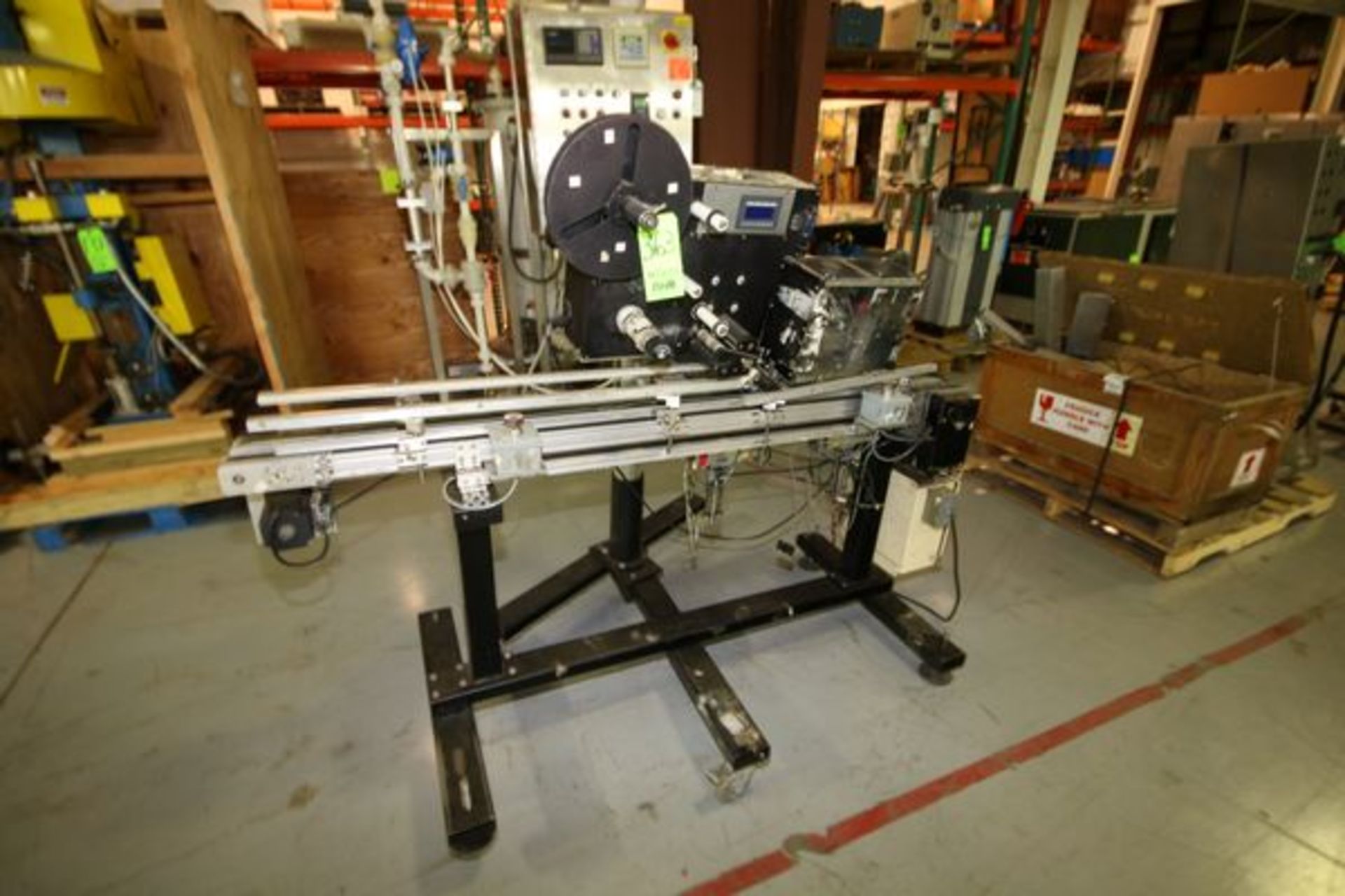 Labeling System with Conveyor, 75 In. L x 4 In. W, Mounted on Portable Frame