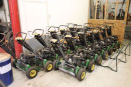 (2) John Deere 220A walk behind lawn mowers complete with grass catchers. Used for Tee Box and