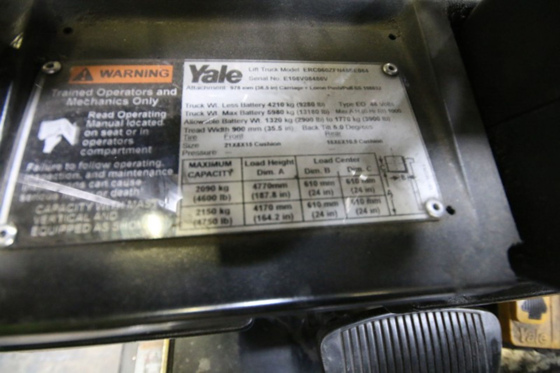 YALE, 3 Stage Mast Forklift, Model ERC060, S/N E108V08486V, 4,750lbs Capacity, 187.8 inch Load - Image 7 of 11