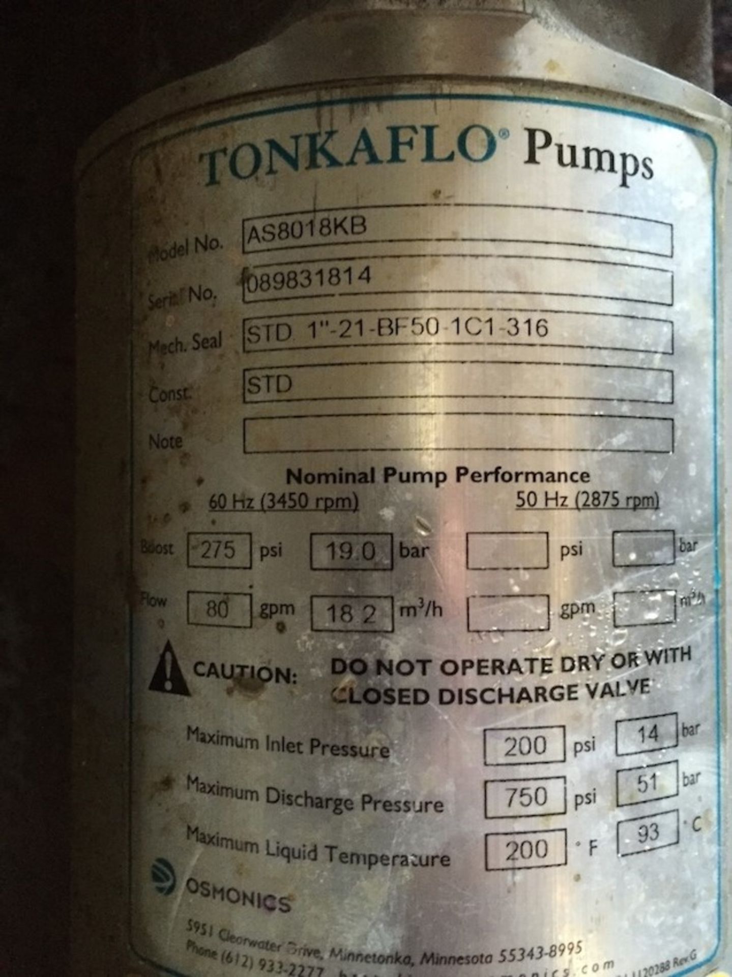 2-Tube RO System, Approx. 9" Tubes, 80 GPM, Equipped with Tonkaflow AS8018KB Pump, S/N 089831814, - Image 7 of 8