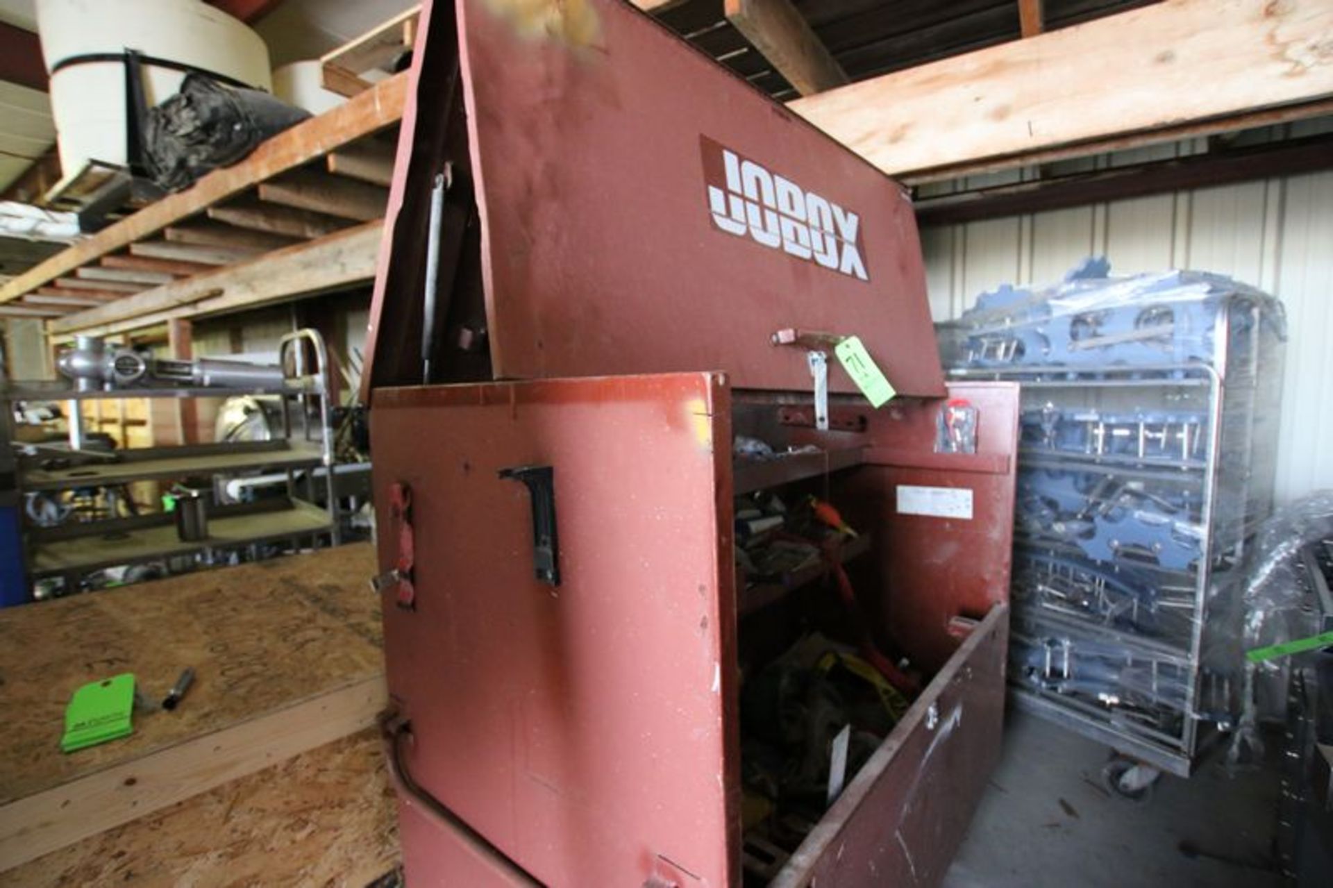 Job Boxes with Contents. Mounted on Portable Casters. Includes Electric Saw. Various Saw Blades. And