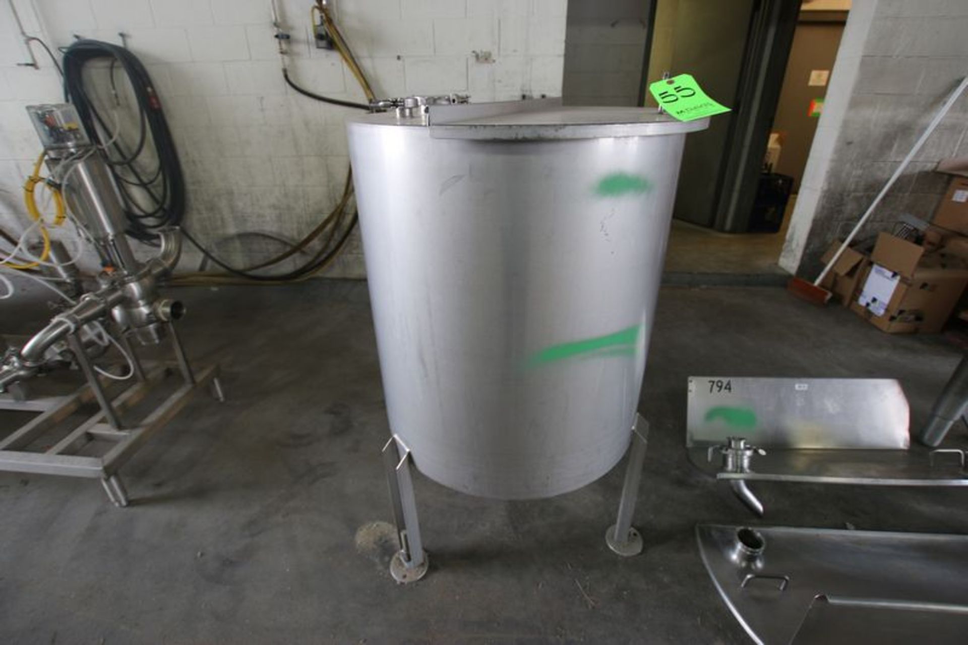 S/S Hinged Lid Storage Tank. Approx Dims: 33" L x 30" Dia***Located in Truck Wash Bay