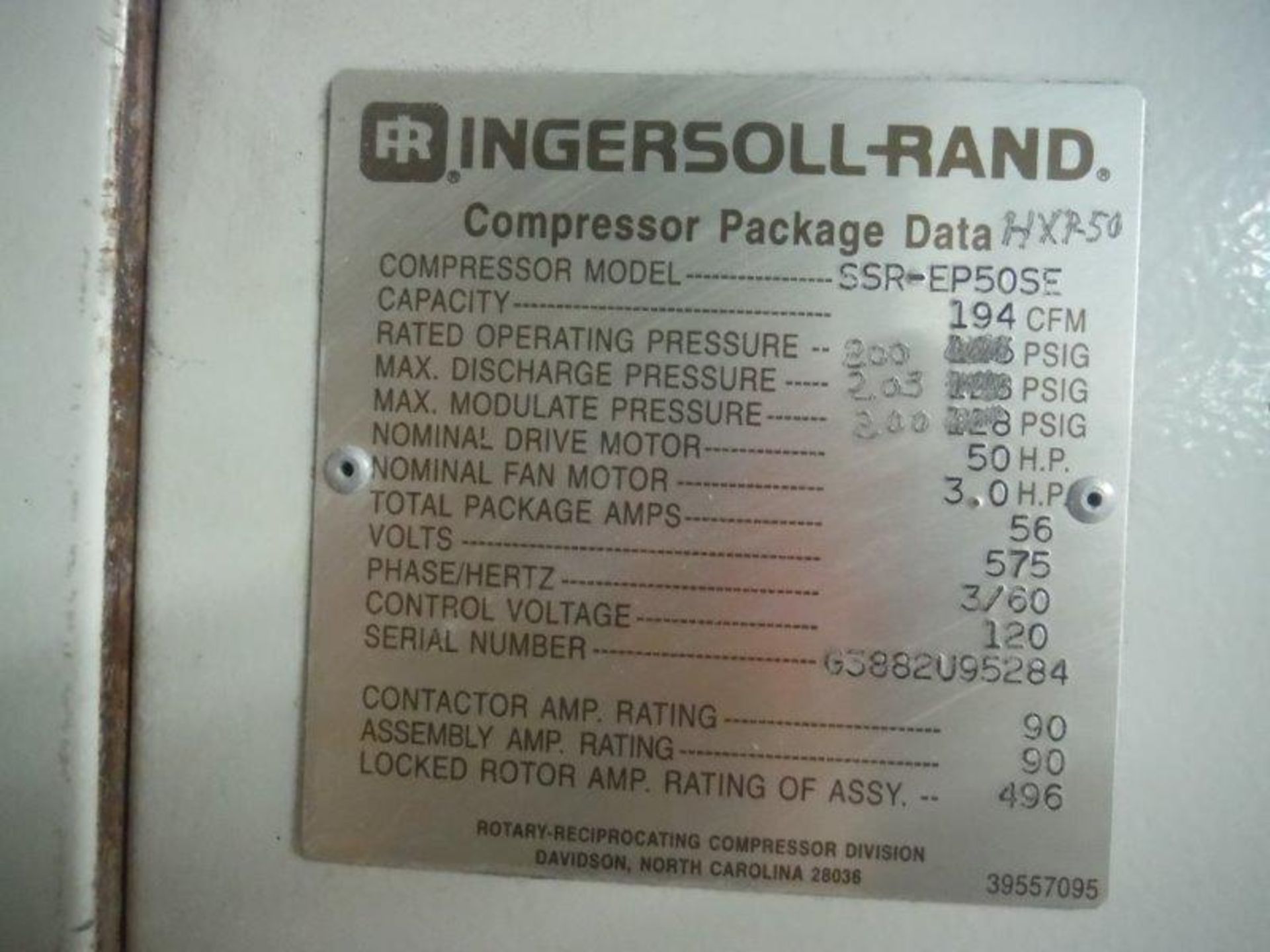 INGERSOL RAND AIR COMPRESSOR, MOD: SSR-EP50E, CAP: 194 CFM, 50 HP, 200 PSIG, 575 VOLTS, 3-PHASE, - Image 4 of 4