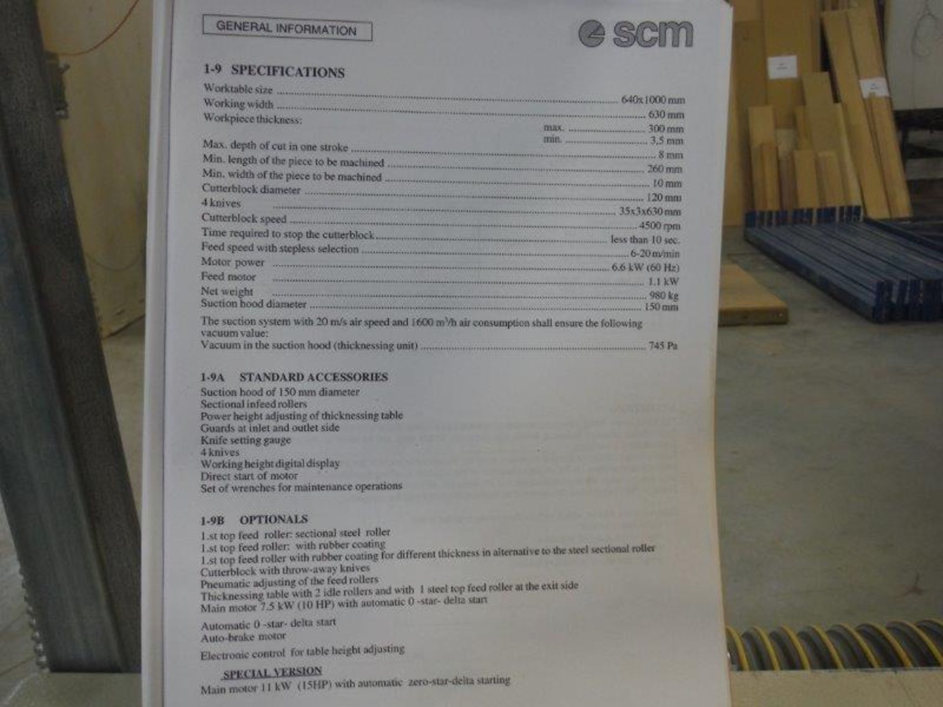 "SCM" PLANER, MODEL S630E, 21003, 600volts, 11 amps, 60Hz, 4500rpm, width: 630mm - Image 3 of 3