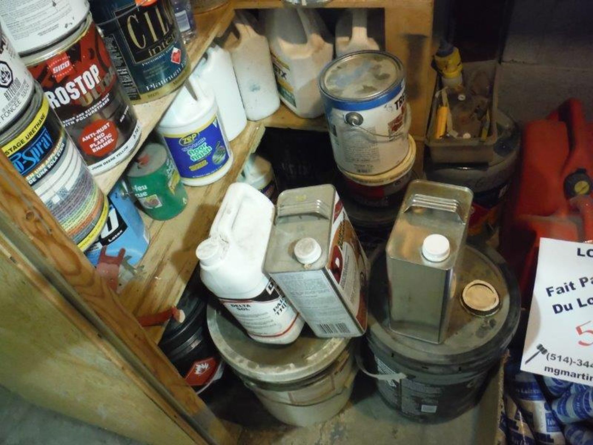 LOT: ASSORTED PAINTS, THINNERS, VARNISH REMOVER, SOLVENTS, GAS CONTAINERS, OILS, ETC… - Image 5 of 6