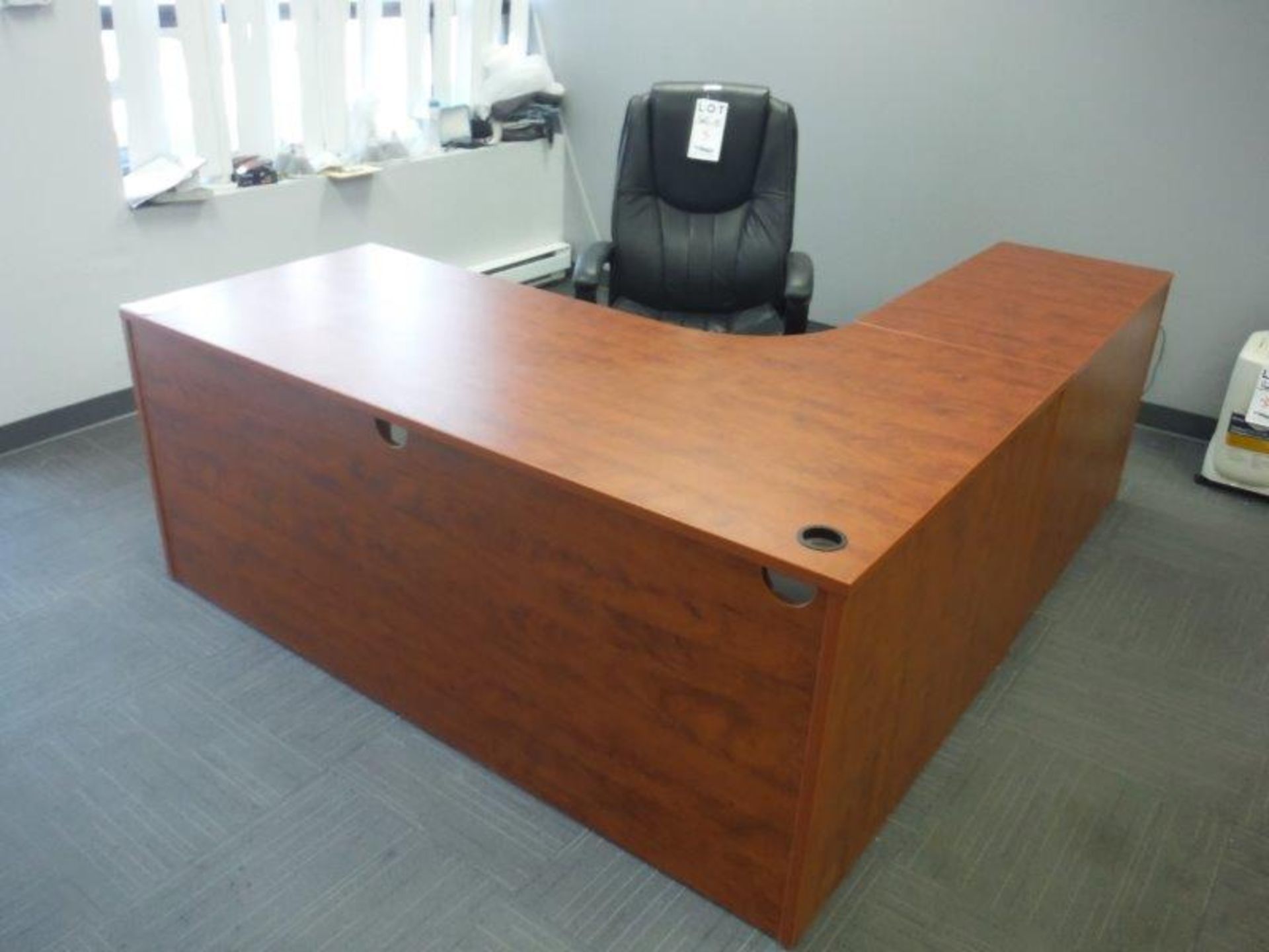 "L" SHAPE EXECUTIVE DESK /w FILING CABINET UNIT WALNUT FINISH /w HIGH BACK SWIVEL CHAIR