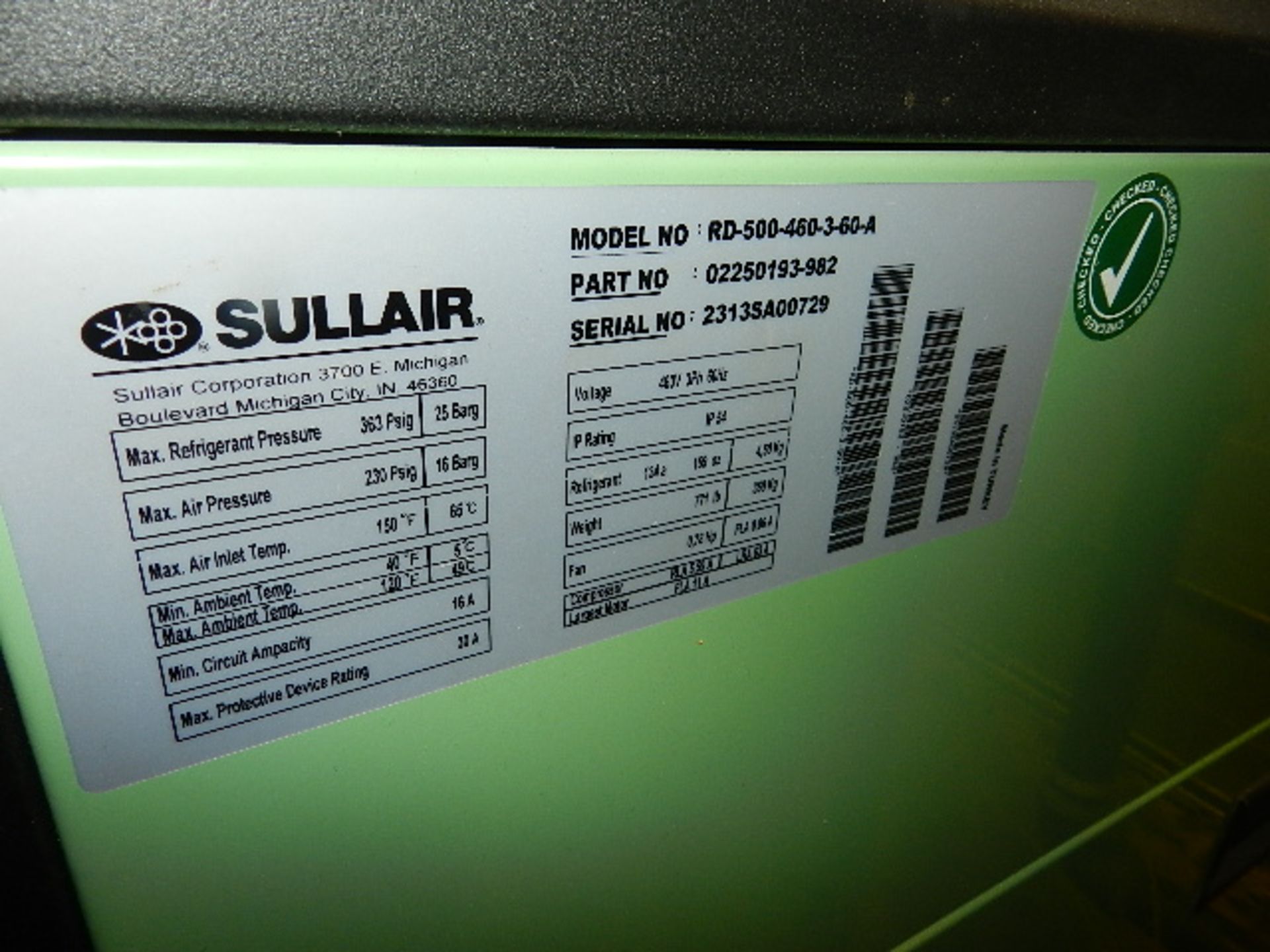 Sullair air dryer, model RD-500-460-3-60-A, 460 volt, 3 phase, 230 psi, includes tank, 17,114 - Image 4 of 5