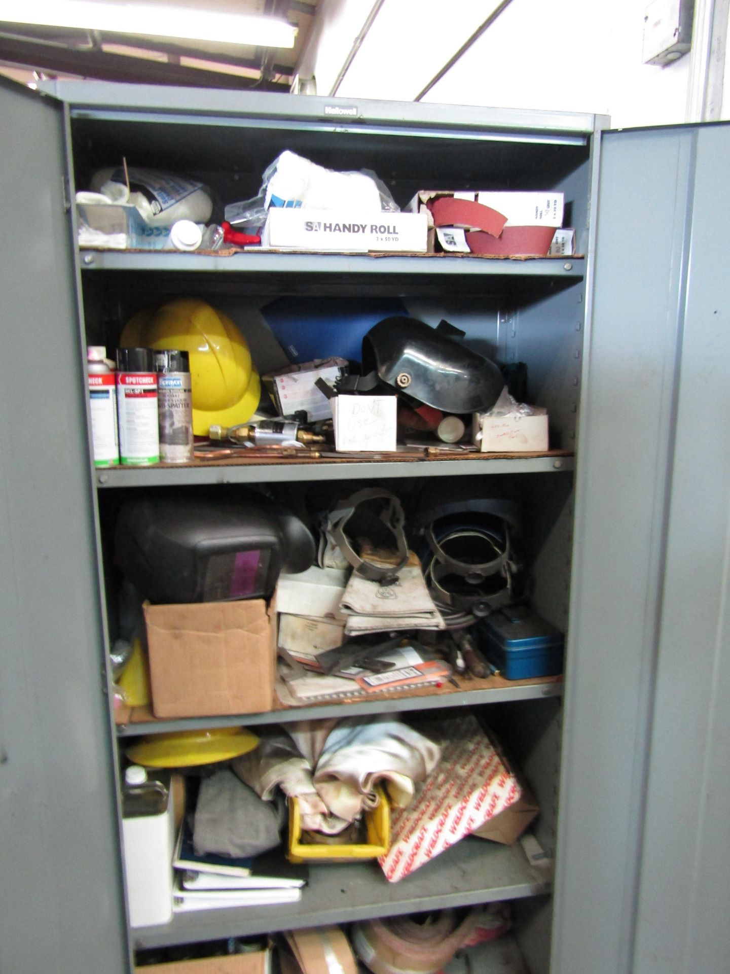 Cabinet & Contents of welding supplies, welding mask, torch, gloves, electrodes, shielding, misc. - Image 2 of 2