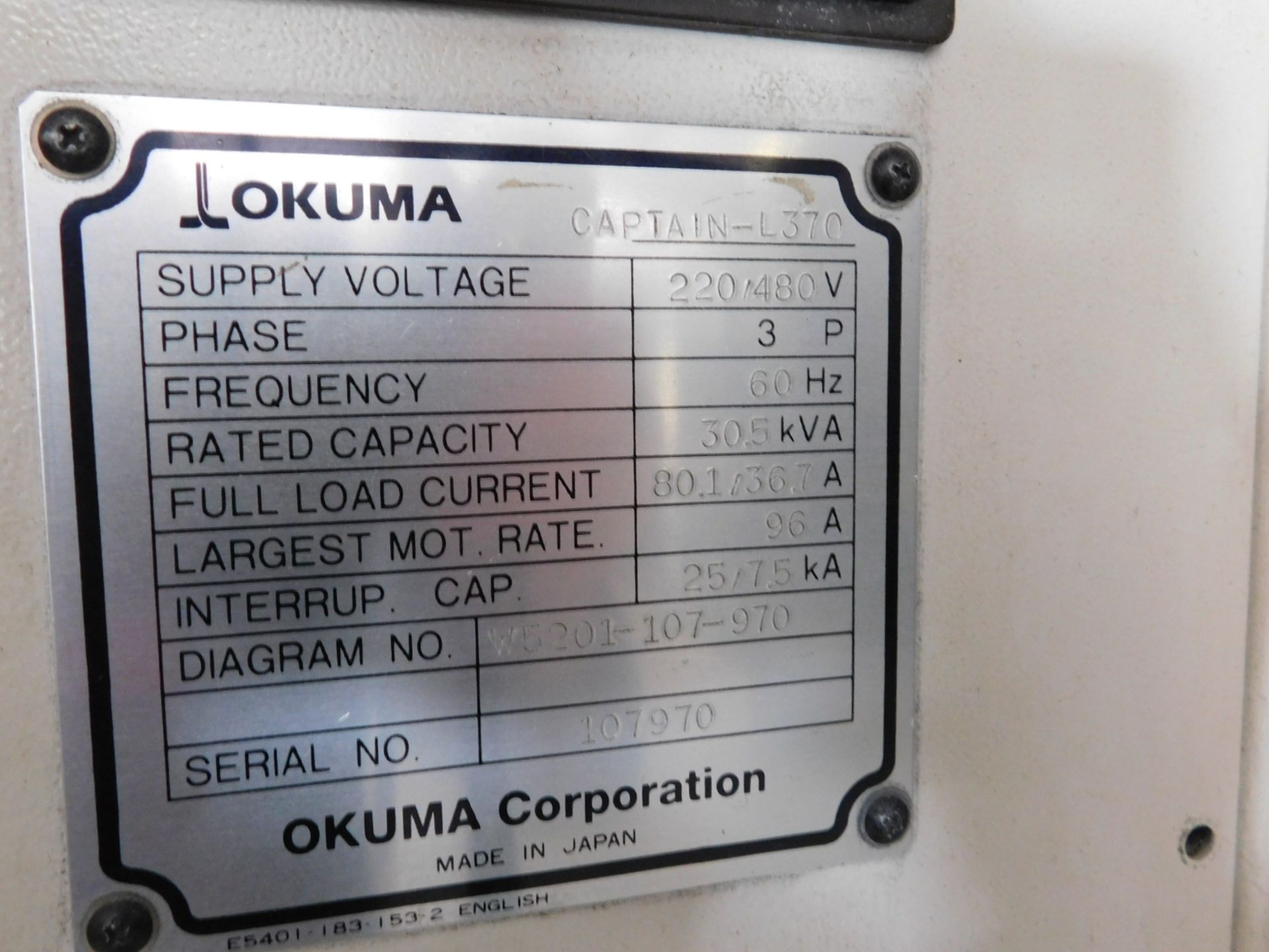 OKUMA CAPTAIN -L370 MW CNC TURNING CENTER, OPS-E100L CNC CONTROL, MAX SWING OVER BED: 20.08", - Image 7 of 9