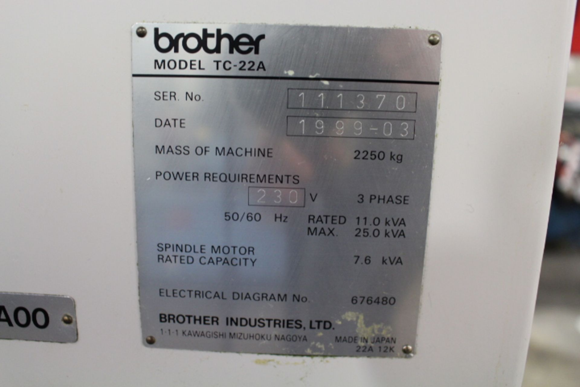 BROTHER TC 22A CNC DRILL & TAPPING CENTER, XYZ TRAVELS: 19.69" X 15.75" X 16.14", 12,000 RPM, 26 - Image 8 of 8