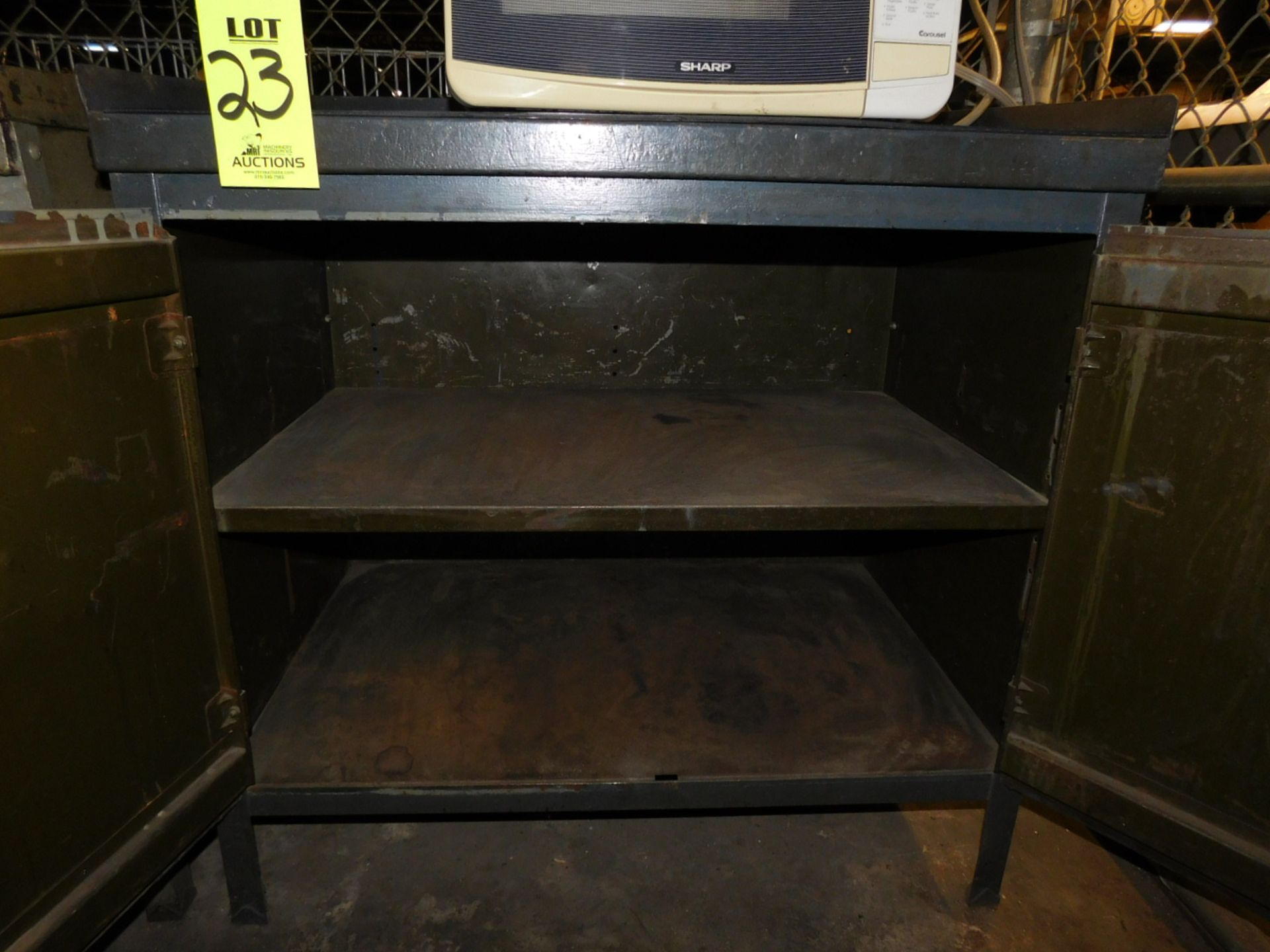 2 DOOR WORK & STORAGE CABINET, 3'X2'X34", 3 SHELVES, EMPTY, PLUS: SHARP CAROUSEL MICROWAVE - Image 2 of 3