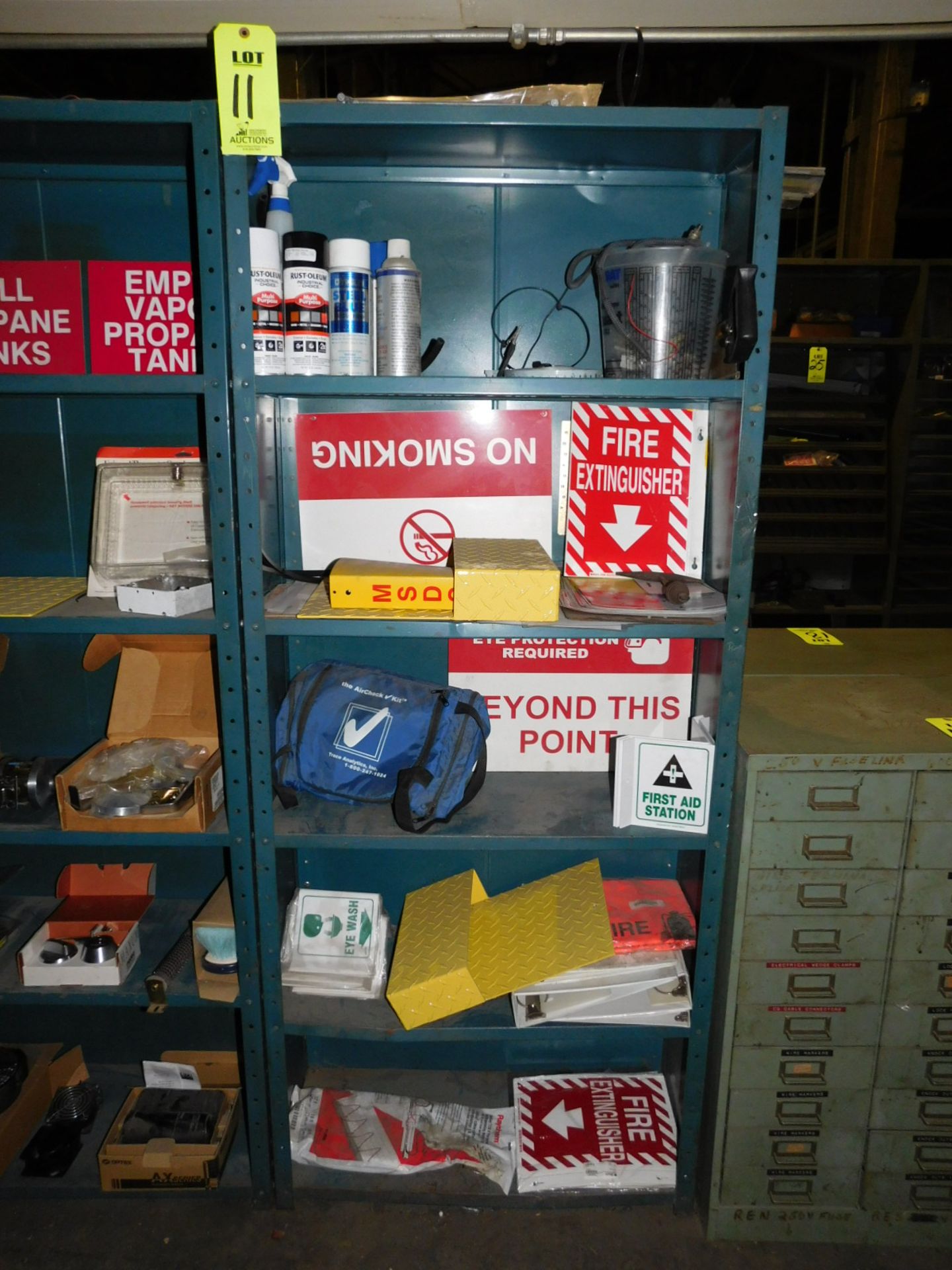 SHELF UNIT, 30"X12"X6', 5 SHELVES, W/CONTENTS TO INCLUDE: SAFETY SIGNAGE, PLUMBER'S TAPE/