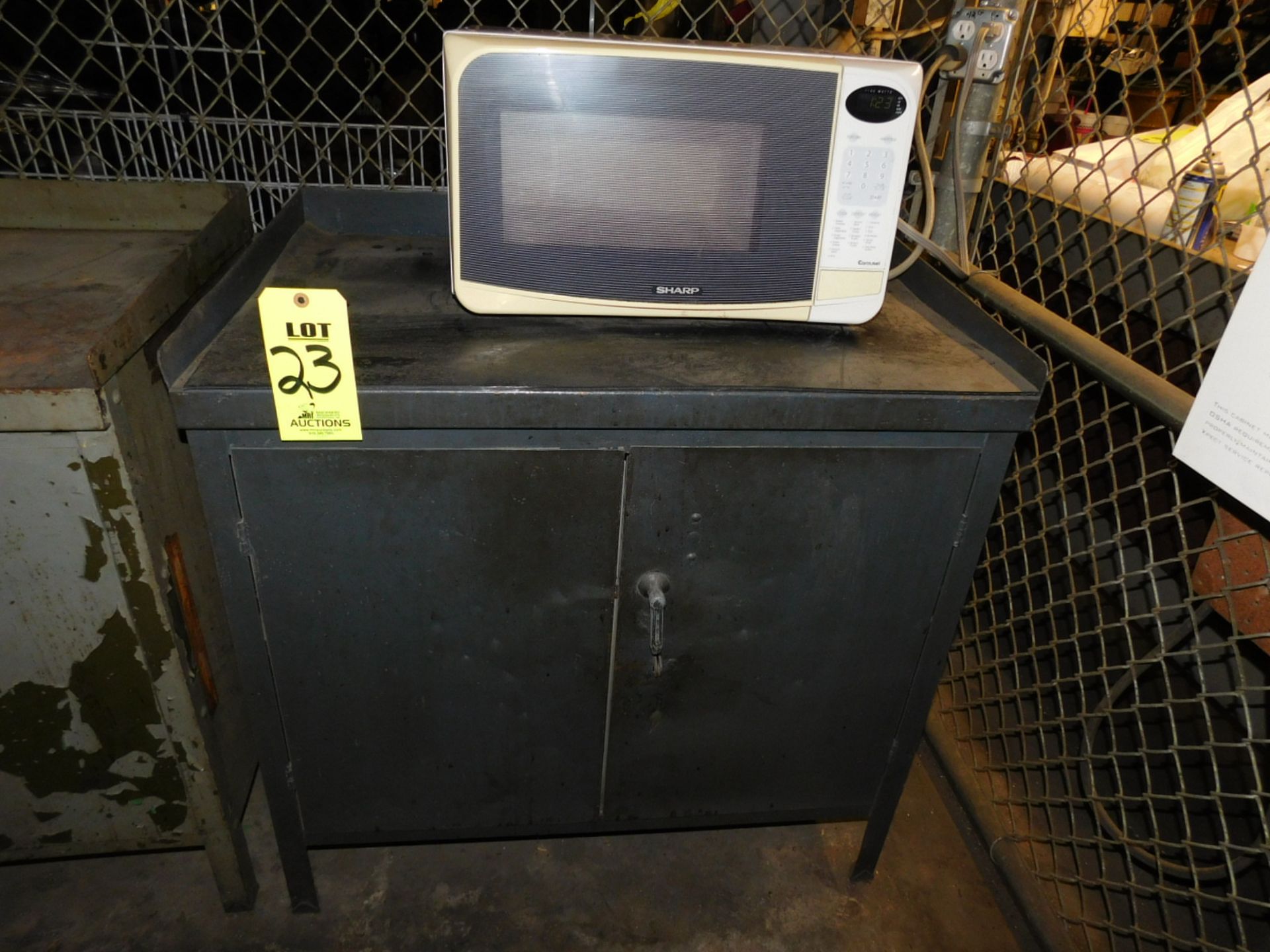 2 DOOR WORK & STORAGE CABINET, 3'X2'X34", 3 SHELVES, EMPTY, PLUS: SHARP CAROUSEL MICROWAVE