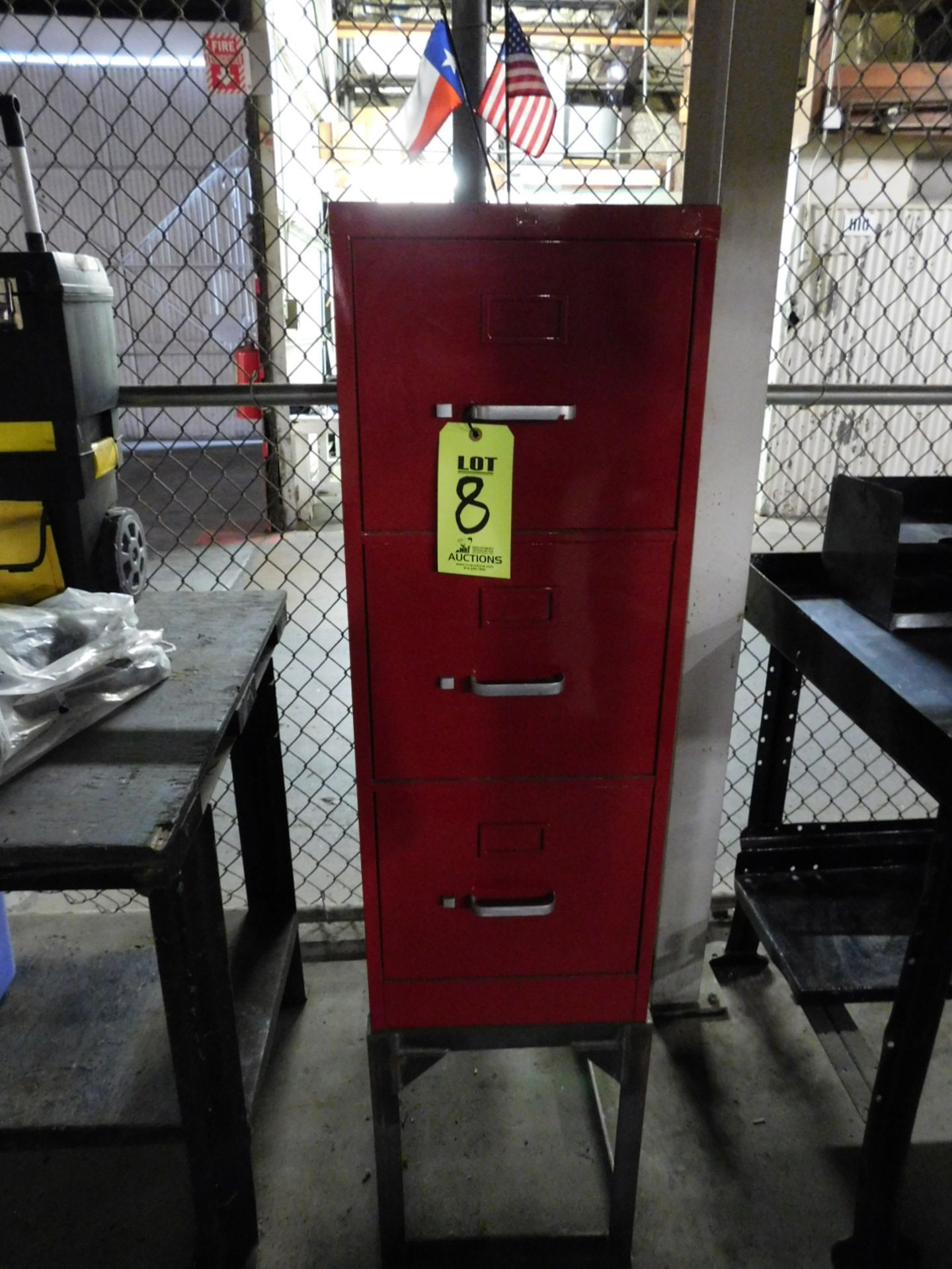 3 DRAWER FILE CABINET, W/CUSTOM FIRE-ENGINE-RED LAQUER, COMES W/19"STEEL STAND AS PICTURED (SEE
