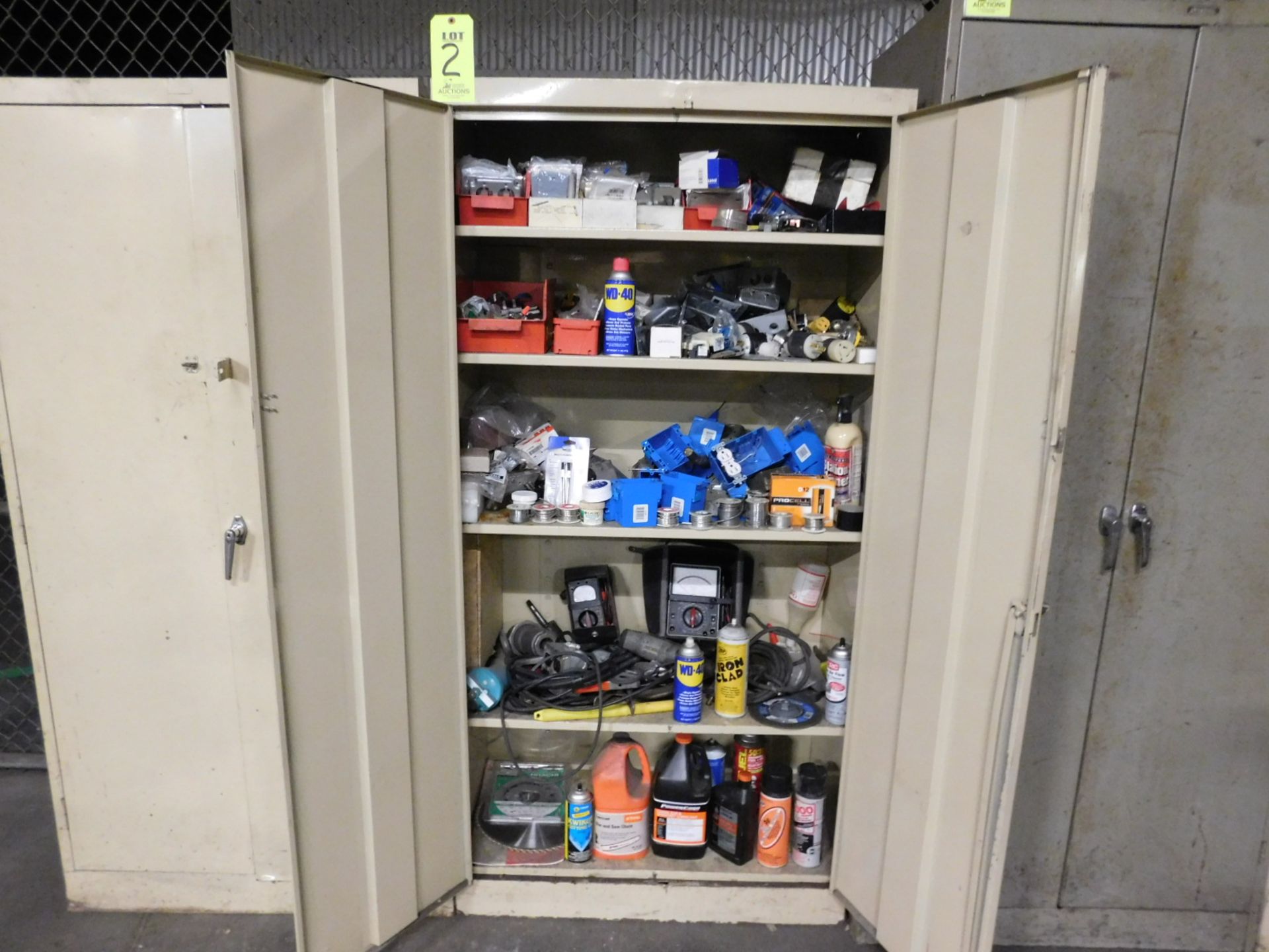 2 DOOR STORAGE CABINET, 3'X18"X6', 5 SHELVES, W/MISC. CONTENTS TO INCLUDE: ELECTRICAL OUTLET & - Image 2 of 5