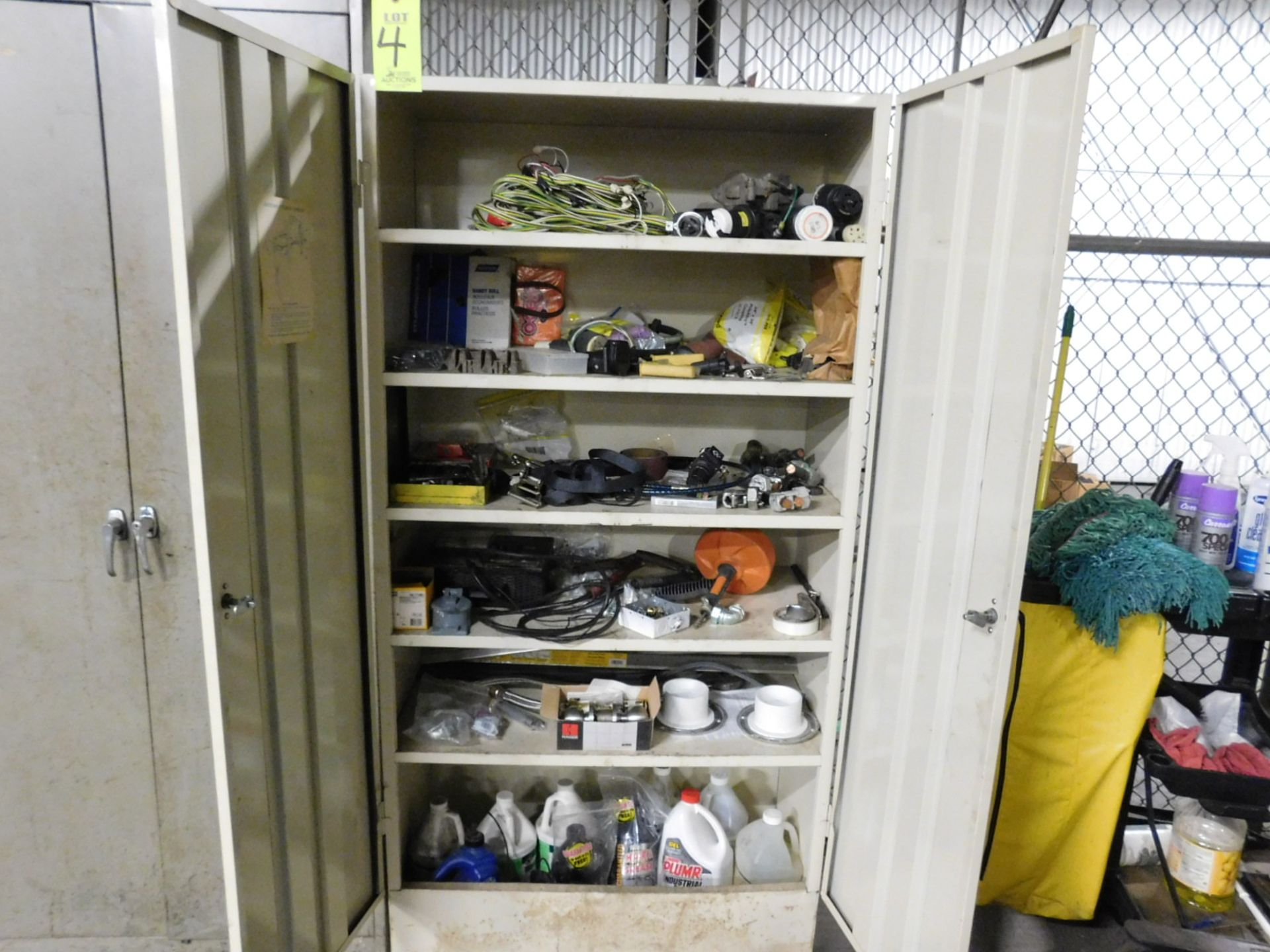 2 DOOR STORAGE CABINET, 3'X19"X6', 6 SHELVES, W/CONTENTS TO INCLUDE: HIGH VOLTAGE ELECTRIC PLUG - Image 3 of 6