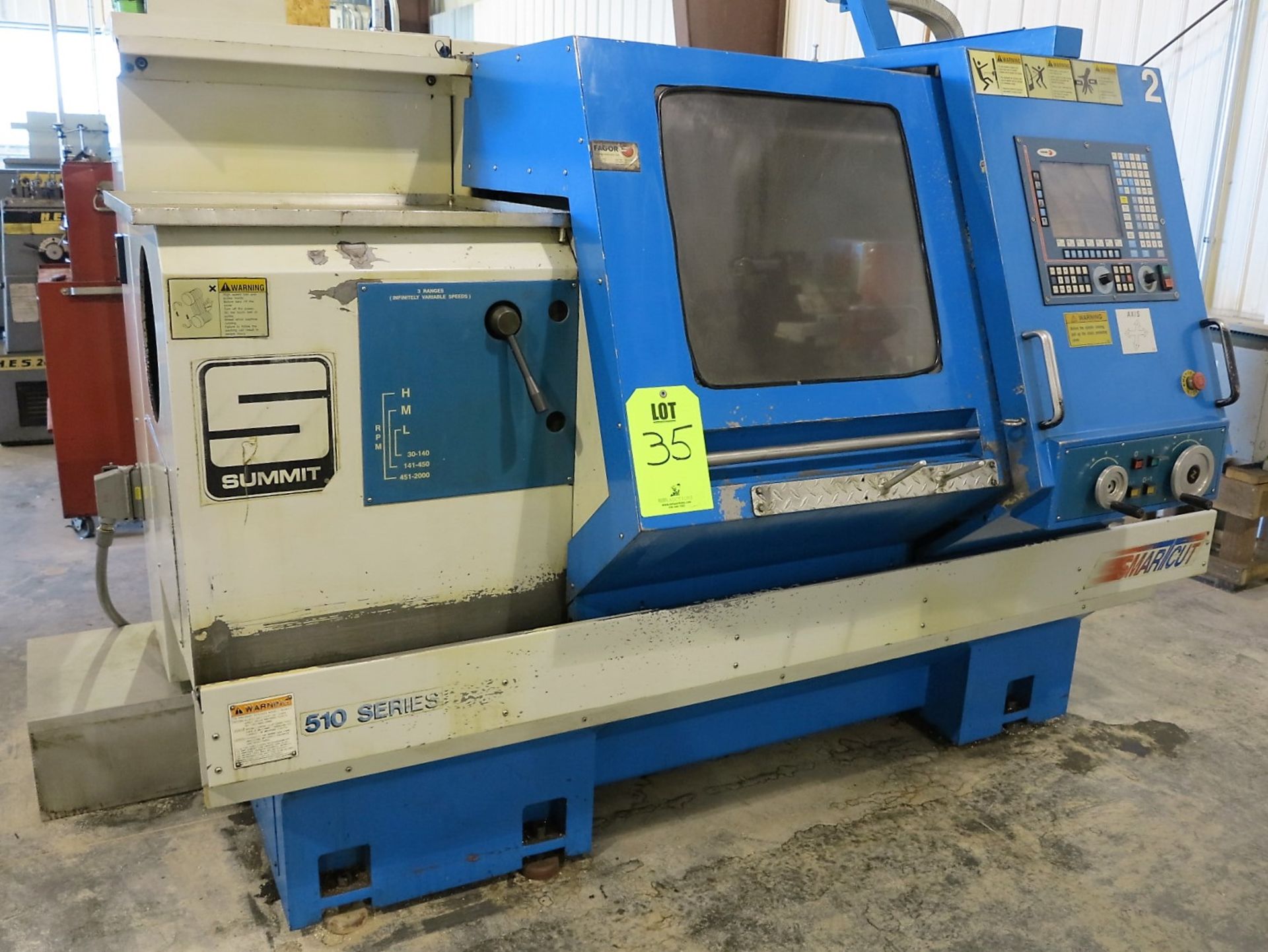 SUMMIT SC510X40 SMART CUT FLAT BED CNC LATHE, FAGOR CNC CONTROL, 10" 3 JAW CHUCK, 3" BAR CAPACITY,