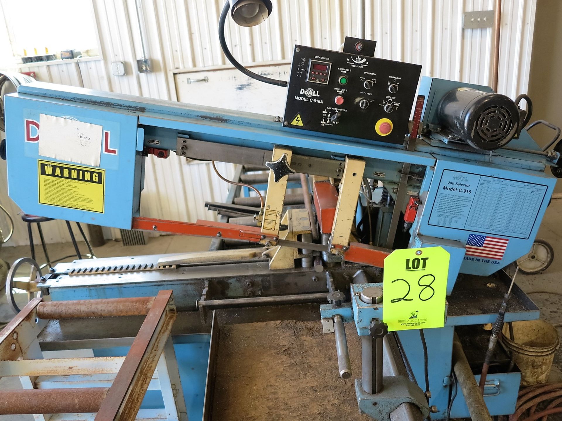 DOALL HORIZONTAL BANDSAW, MODEL C-916A W/ 2 ROLLER CONVEYOR, 17"X5", S/N 528-96162. LOADING PROVIDED