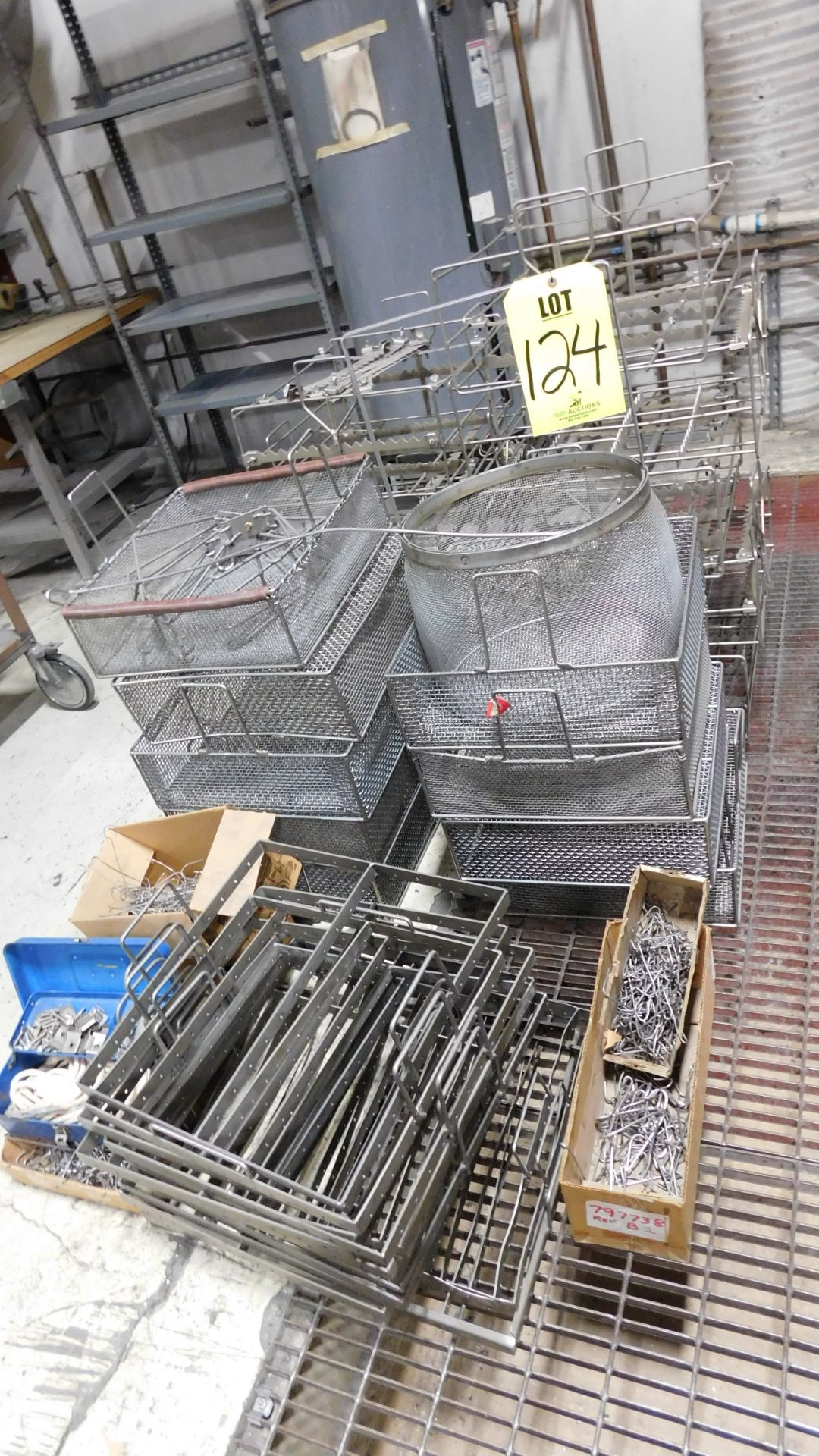 LOT OF STAINLESS STEEL BASKETS, HOOKS, HANGERS, ETC. FOR USE W/CHEM. LINE