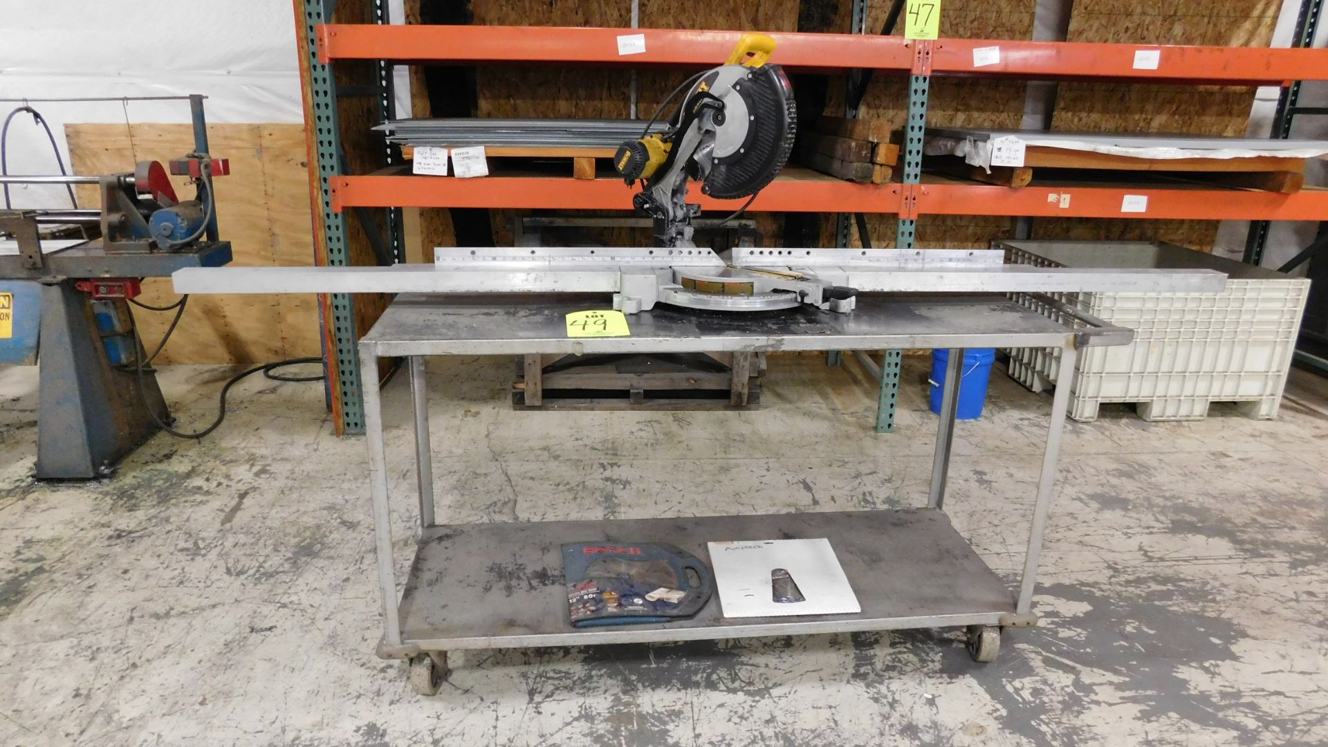 DEWALT 12" CHOP SAW, MODEL DW716, W/SIDE EXTENSIONS FOR LONG MATERIAL, BOLTED ONTO ROLLING CART, - Image 3 of 7