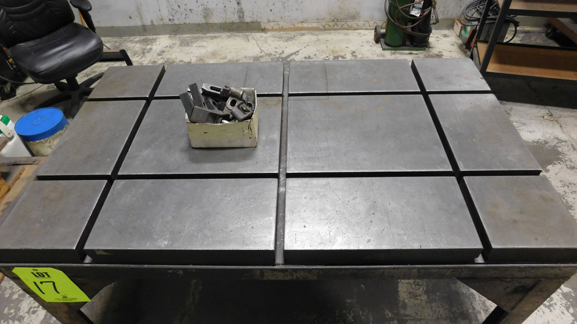 WELDING TABLE, SEGMENTED FOR CLAMPS, TOP DIA: 5' X 3' X 2-1/2", ADJUSTABLE HEIGHT, W/BOX OF MISC. - Image 3 of 3