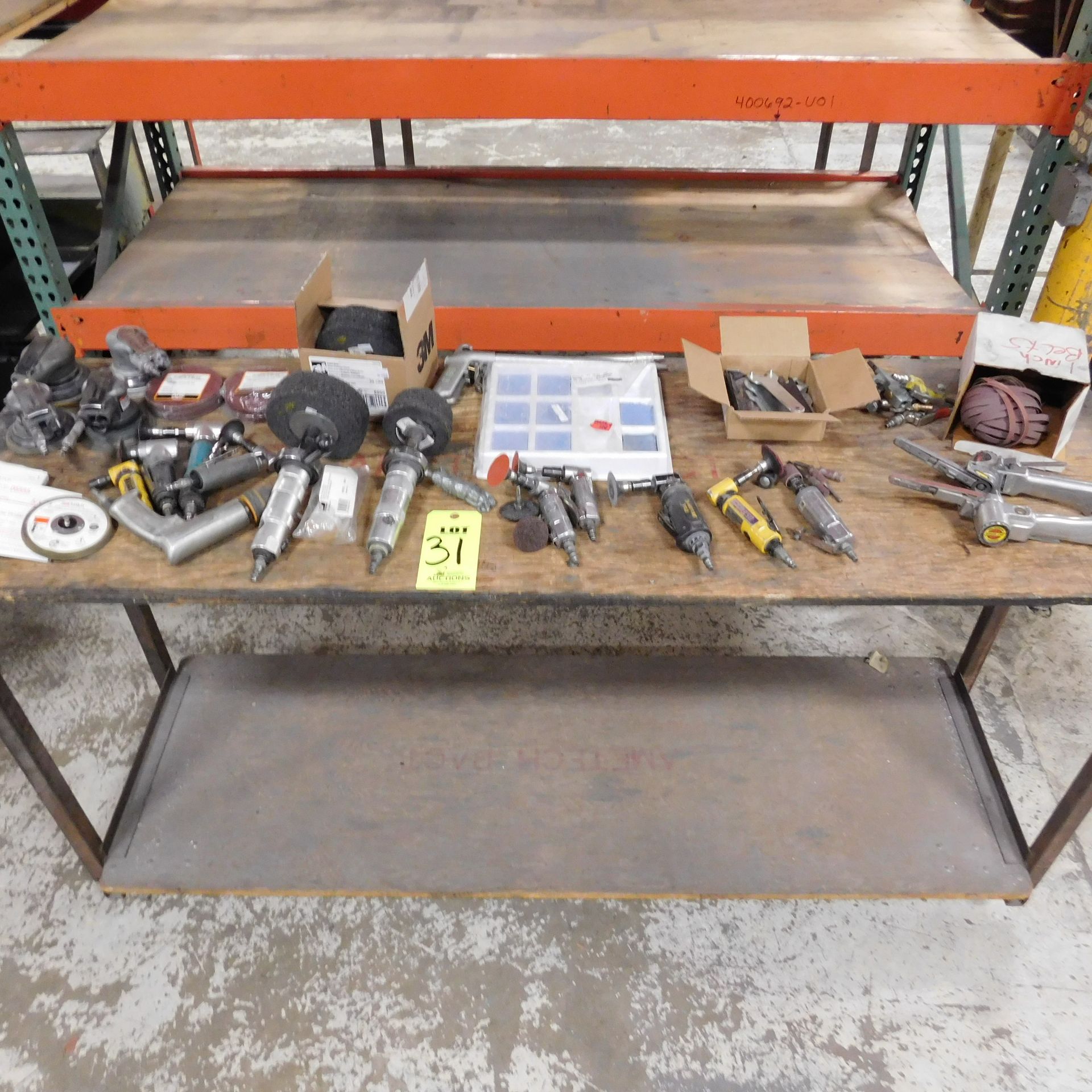TABLE LOT OF PNEUMATIC GRINDING/FINISHING TOOLS & CONSUMABLES, W/ROLLING CART