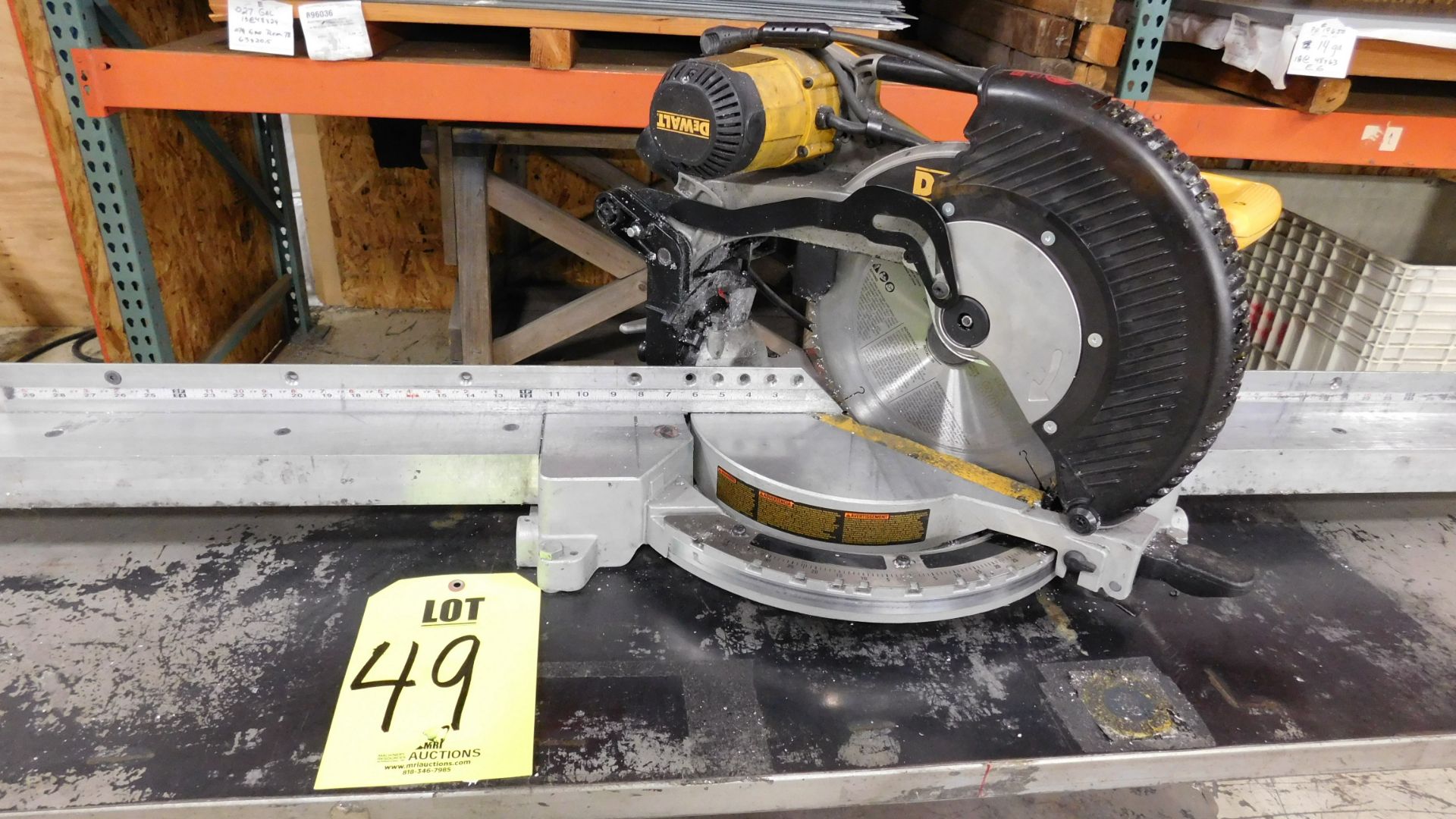 DEWALT 12" CHOP SAW, MODEL DW716, W/SIDE EXTENSIONS FOR LONG MATERIAL, BOLTED ONTO ROLLING CART,