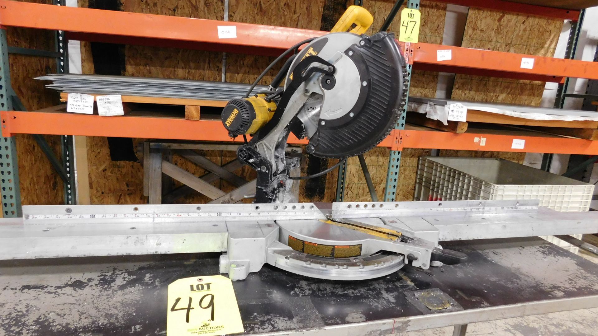 DEWALT 12" CHOP SAW, MODEL DW716, W/SIDE EXTENSIONS FOR LONG MATERIAL, BOLTED ONTO ROLLING CART, - Image 2 of 7