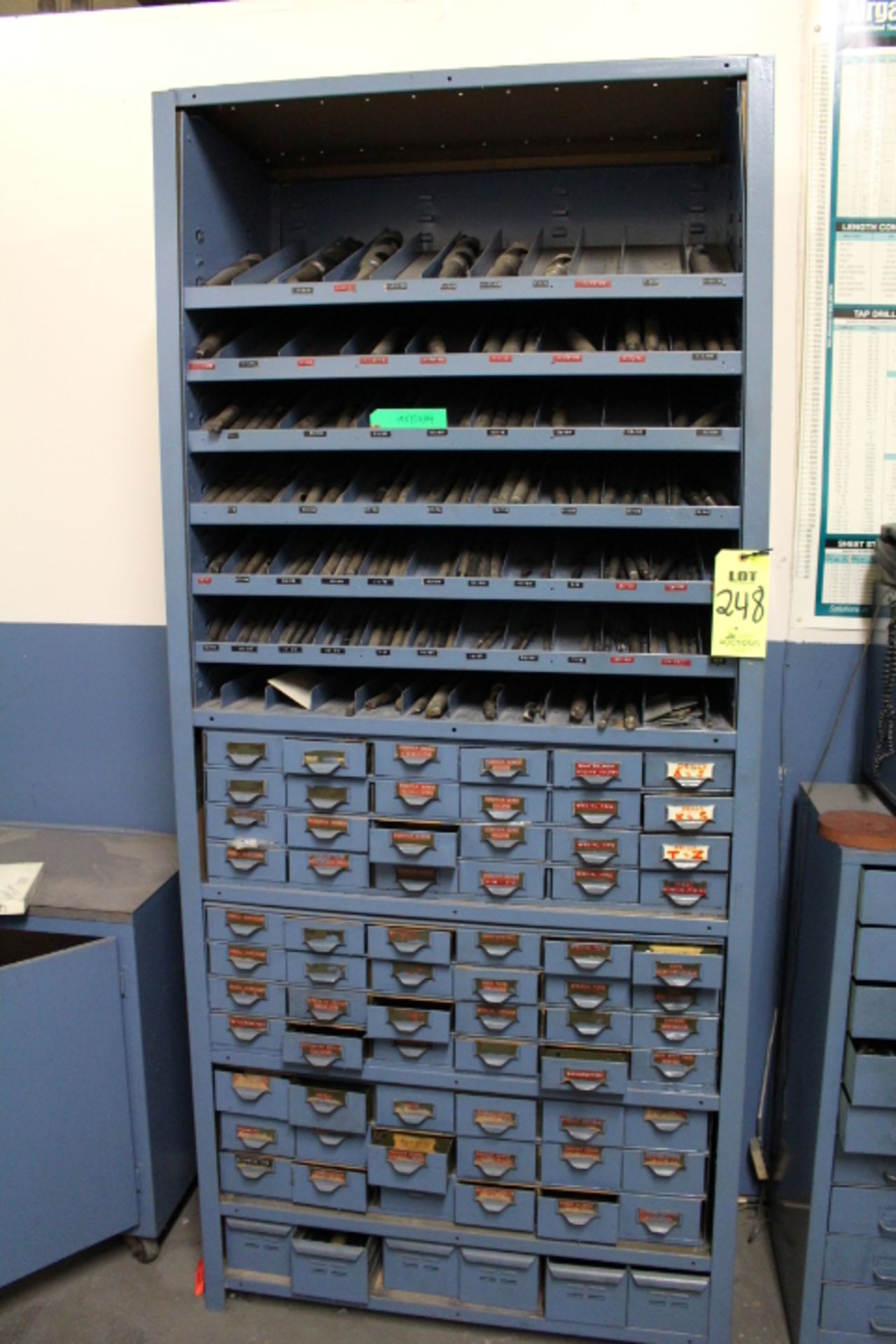 METAL STORAGE CABINET: MOORE TAPER DRILLS, STRAIGHT SHANK FRACTIONAL DRILLS, COUNTER BORE TOOLS,