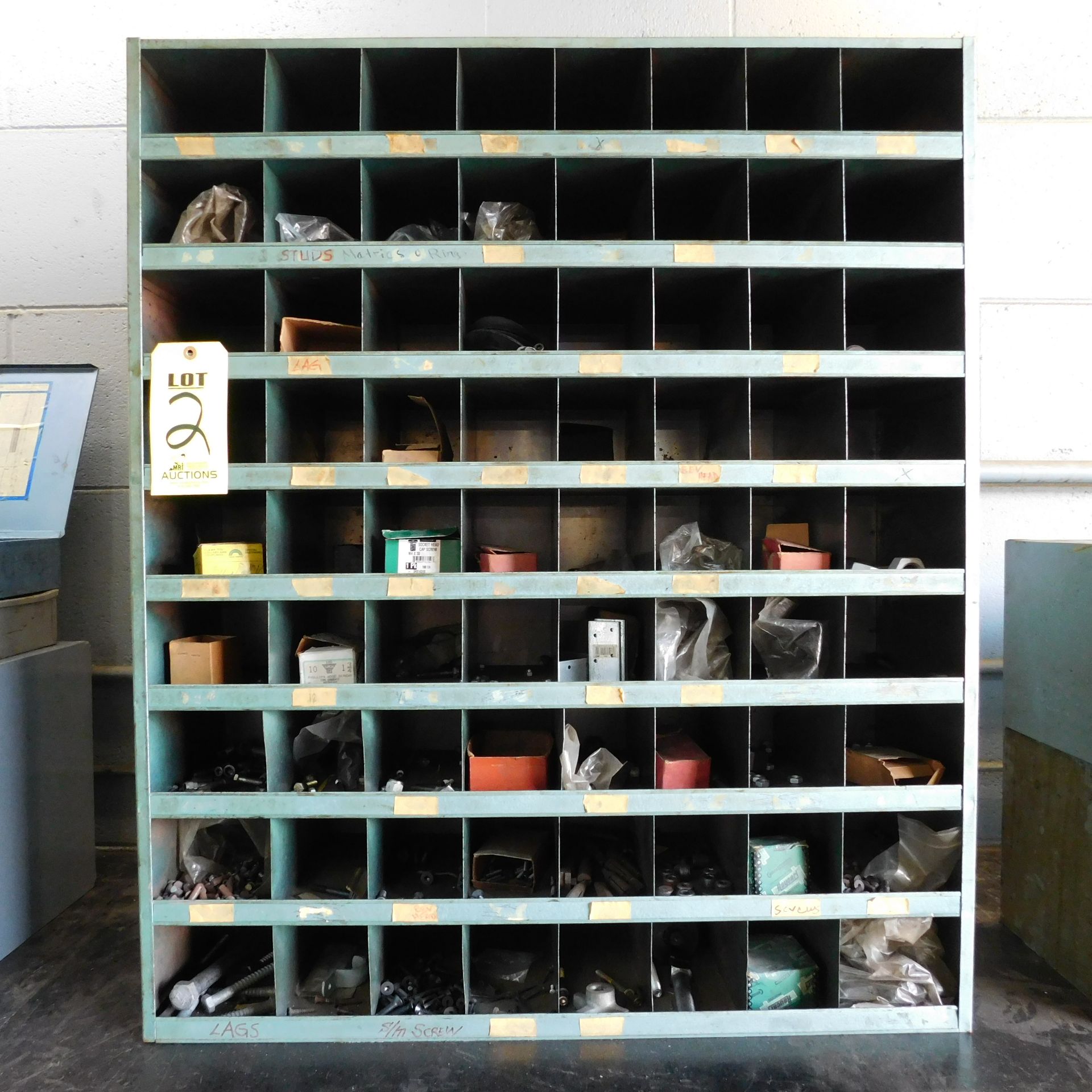 SMALL PARTS CUBBYHOLE CABINET, 35-1/2" X 12" X 42", 72 CUBBYHOLES, W/CONTENTS OF MISC HARDWARE: