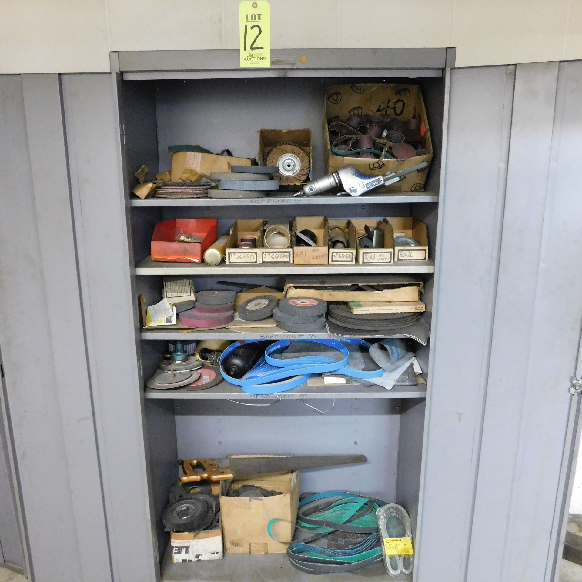 STORAGE CABINET, 3' X 18" X 6', W/CONTENTS TO INCLUDE: GRINDING WHEELS & MISC. ABRASIVES