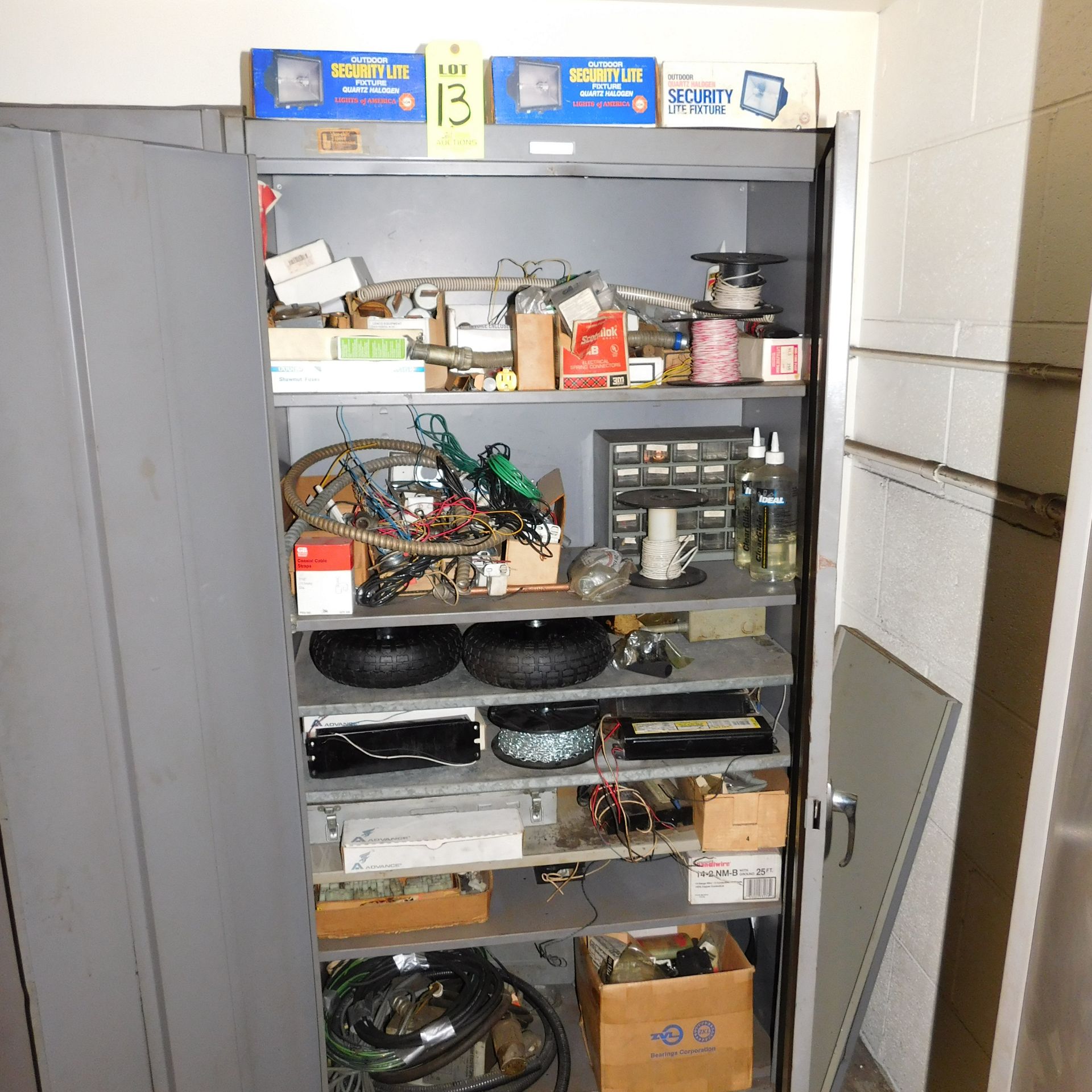 STORAGE CABINET, 3' X 18" X 6', W/CONTENTS TO INCLUDE: ELECTRICAL PRODUCTS, (3) OUTDOOR HALOGEN