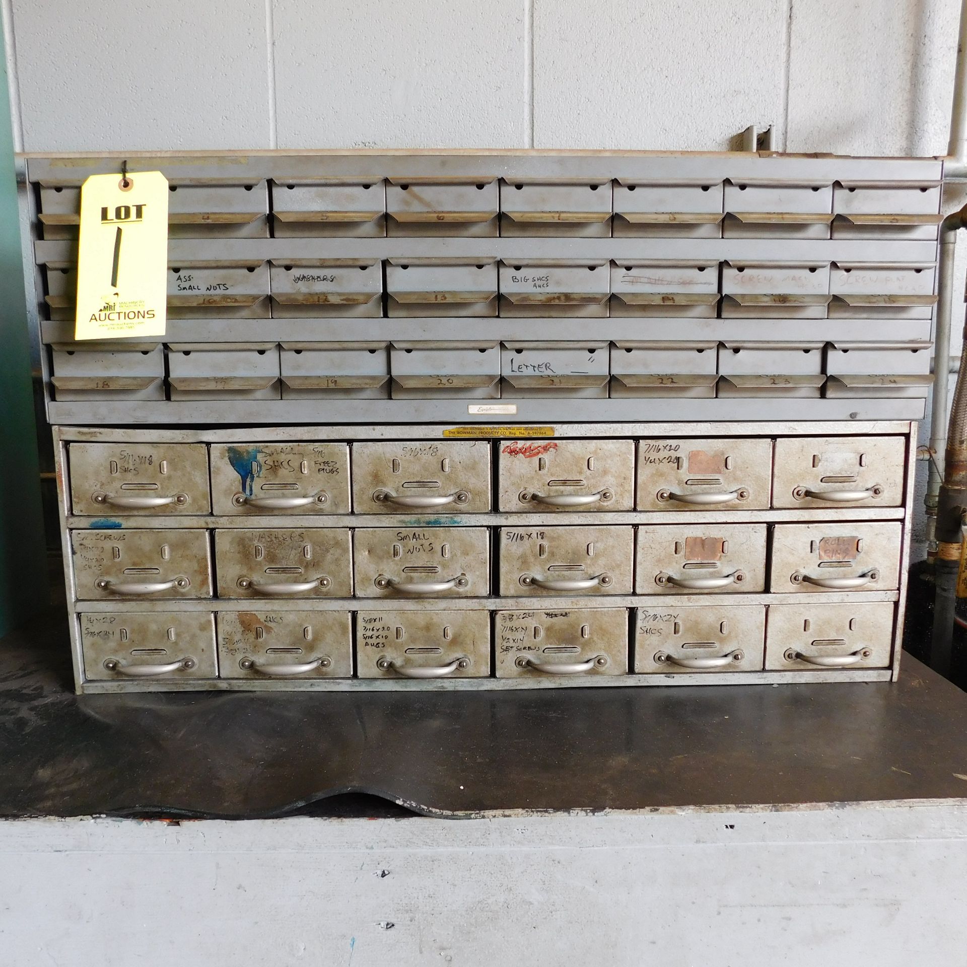 LOT OF (2) STEEL BENCHTOP DRAWER CABINETS WITH CONTENTS OF MACHINE BOLTS, BUSHINGS, & MISC HARDWARE,
